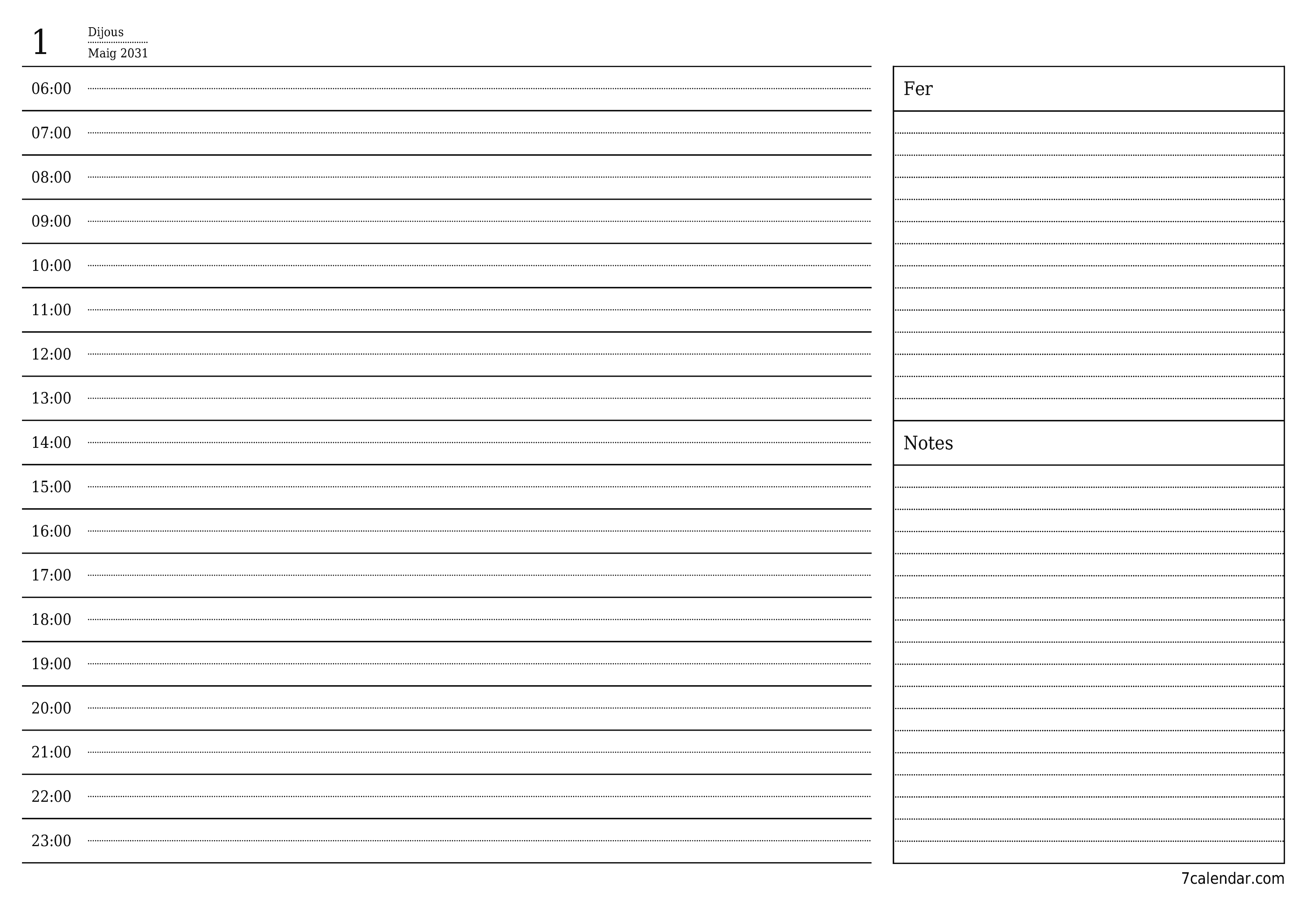 Un planificador diari buit del dia Maig 2031 amb notes, deseu-lo i imprimiu-lo en format PDF PNG Catalan