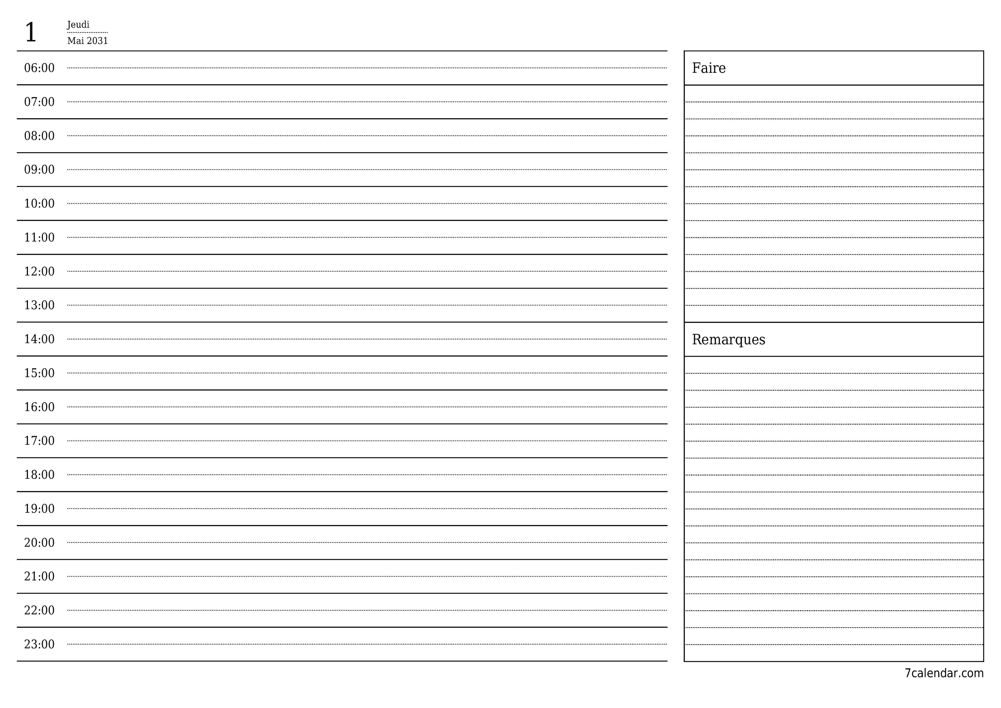 Agenda quotidien vide pour la journée Mai 2031 avec notes, enregistrez et imprimez au format PDF PNG French