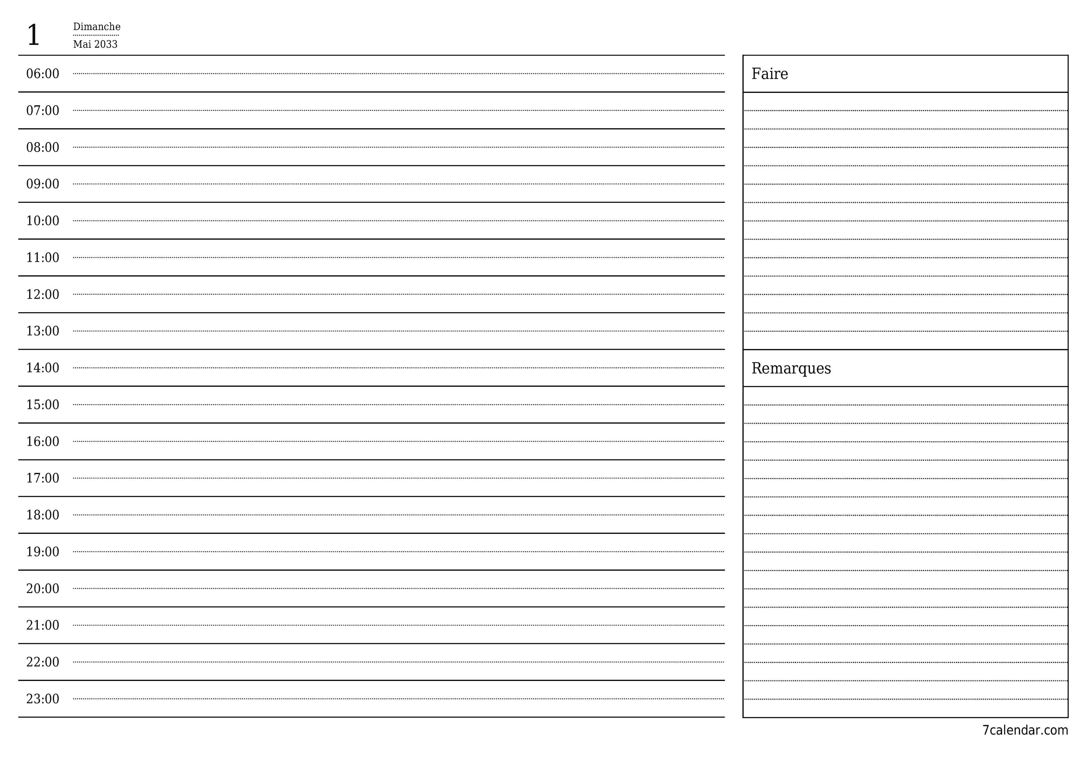 Agenda quotidien vide pour la journée Mai 2033 avec notes, enregistrez et imprimez au format PDF PNG French