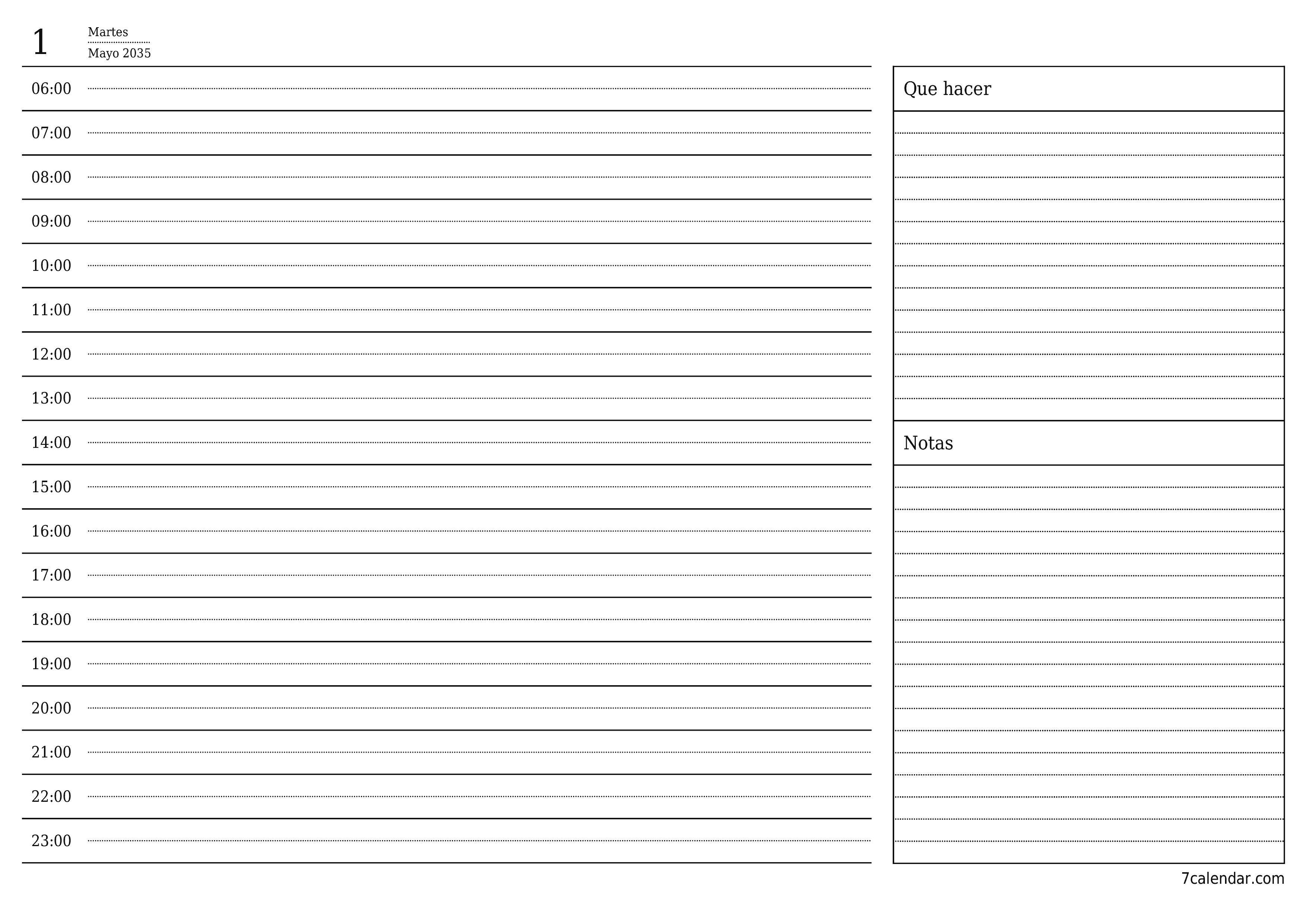 Planificador diario vacío para el día Mayo 2035 con notas, guardar e imprimir en PDF PNG Spanish