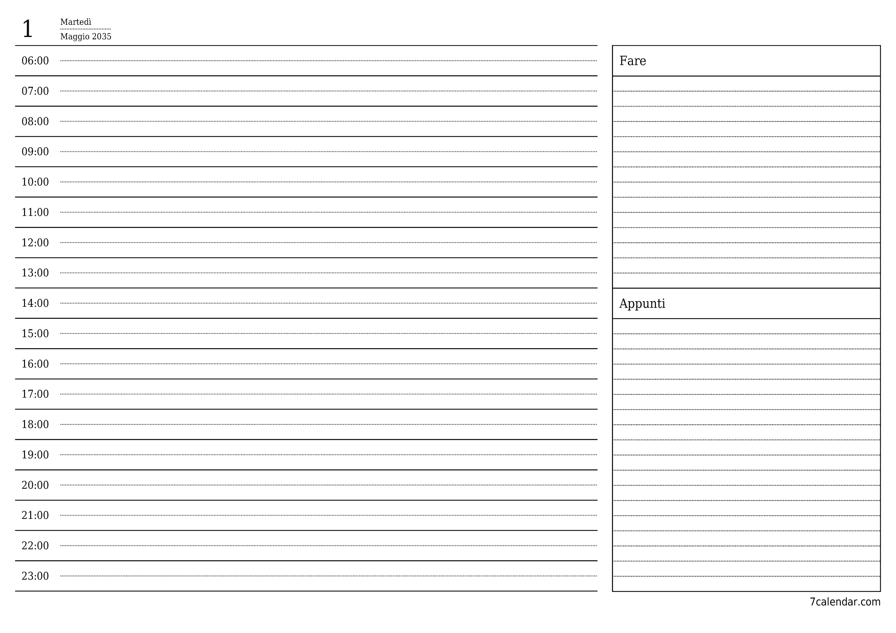 Agenda giornaliera vuota Maggio 2035 con note, salva e stampa in PDF PNG Italian