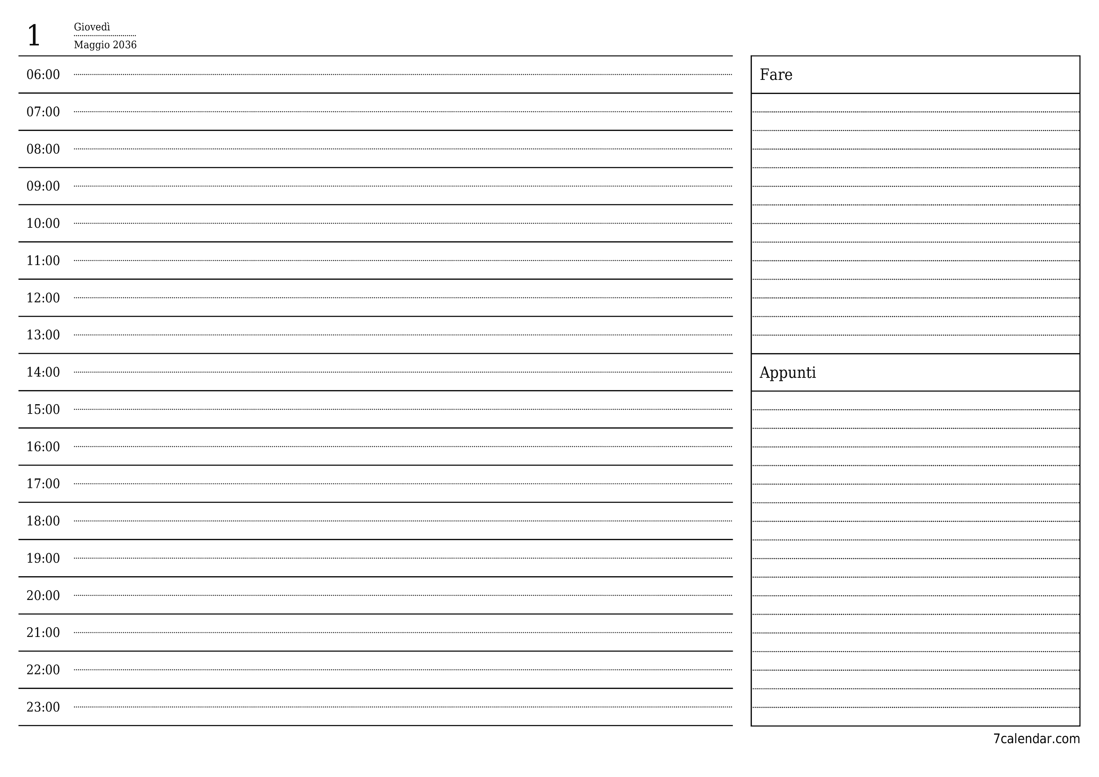 Agenda giornaliera vuota Maggio 2036 con note, salva e stampa in PDF PNG Italian