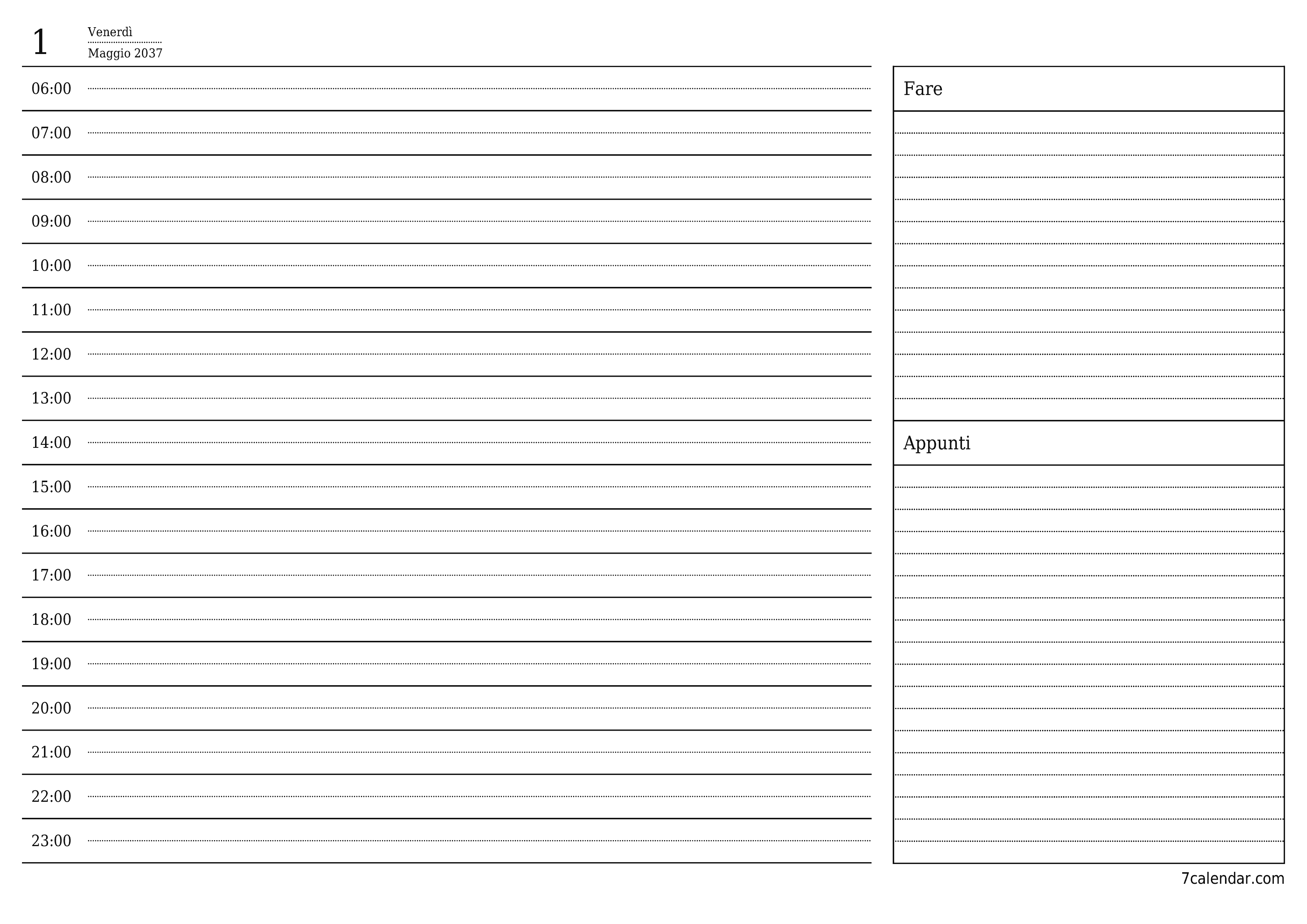 Agenda giornaliera vuota Maggio 2037 con note, salva e stampa in PDF PNG Italian