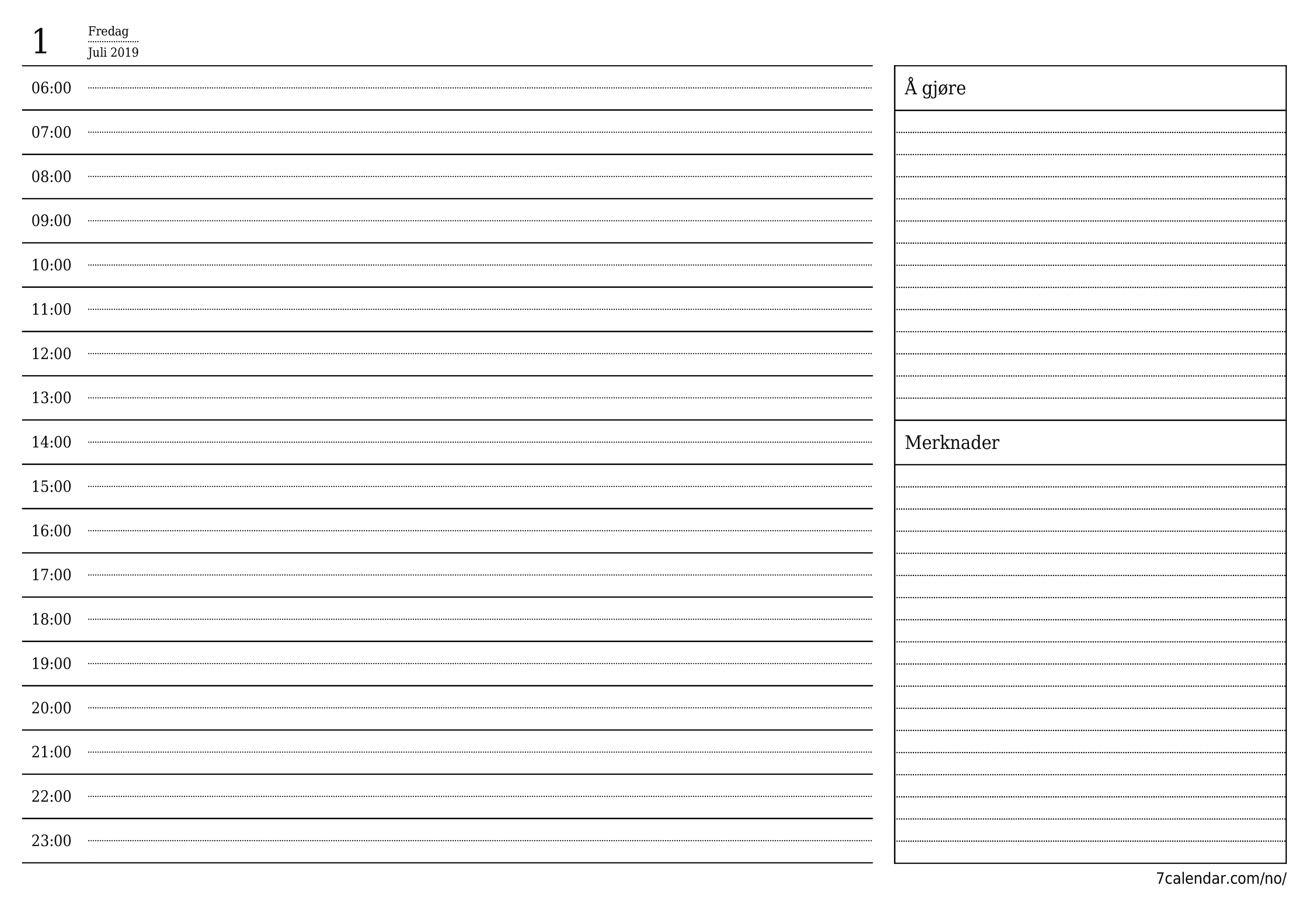 Tøm daglig planlegger for dag Juni 2019 med notater, lagre og skriv ut til PDF PNG Norwegian