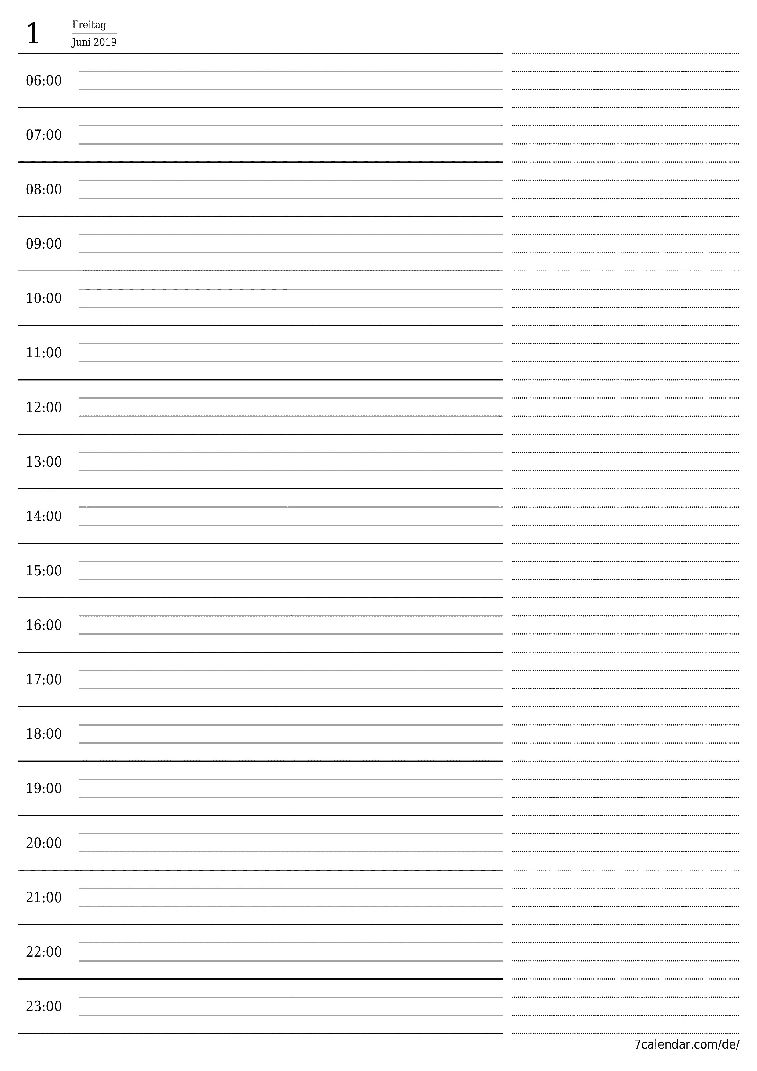 Tagesplaner für Tag Juni 2019 mit Notizen leeren, speichern und als PDF drucken PNG German