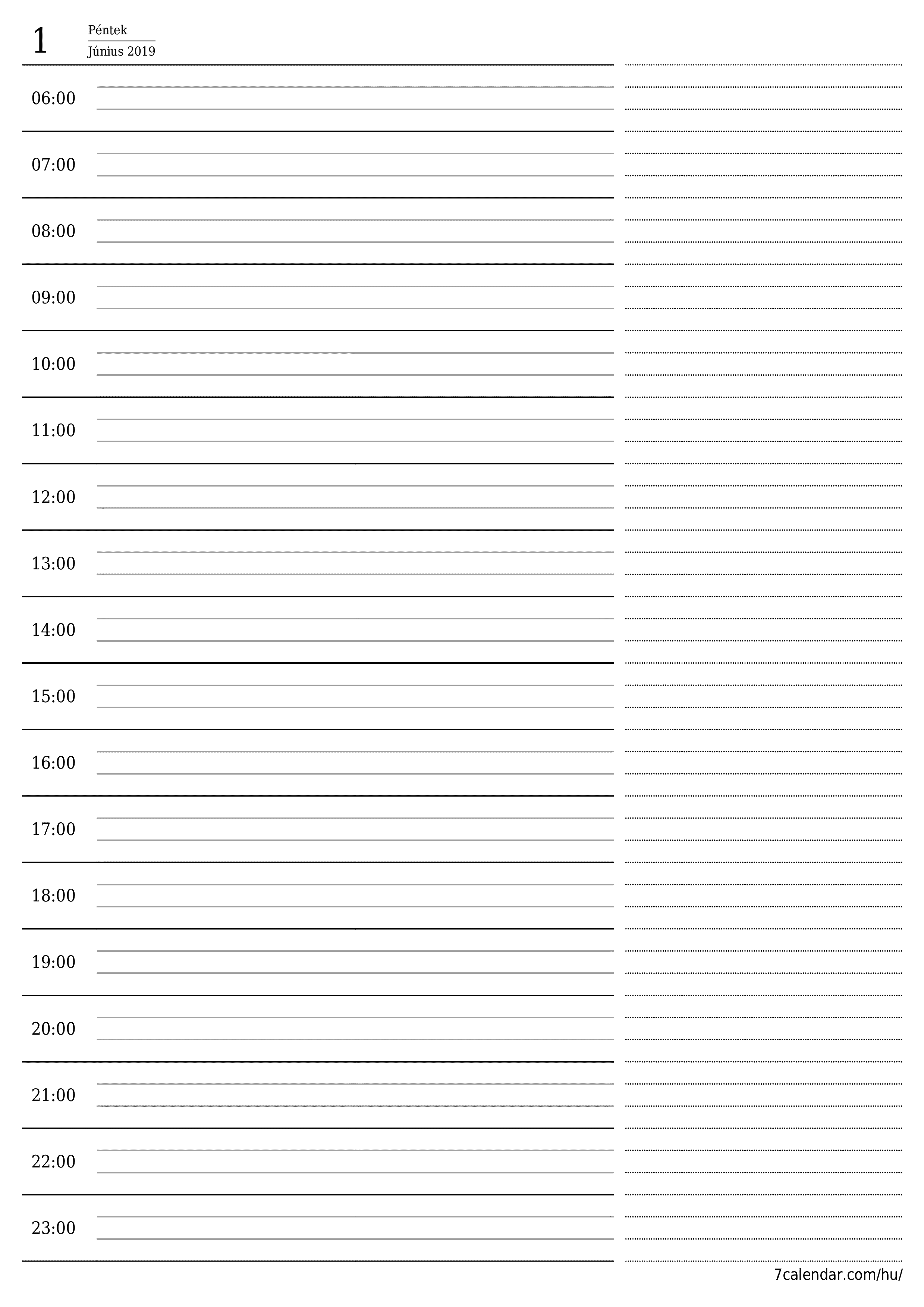 Üres napi tervező a (z) Június 2019 napra jegyzetekkel, mentés és nyomtatás PDF-be PNG Hungarian