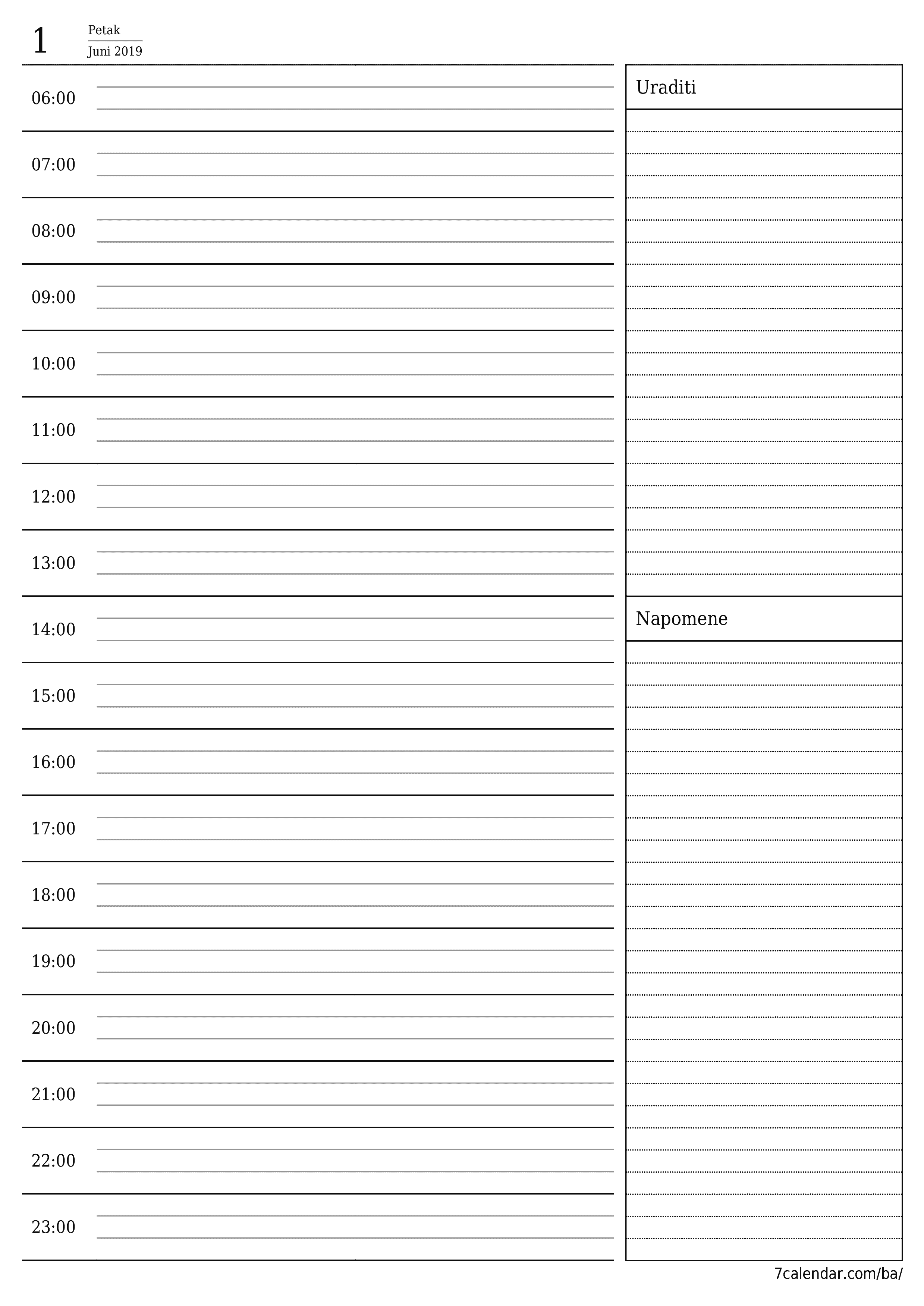 Ispraznite dnevni planer za dan Juni 2019 s bilješkama, spremite i ispišite u PDF PNG Bosnian