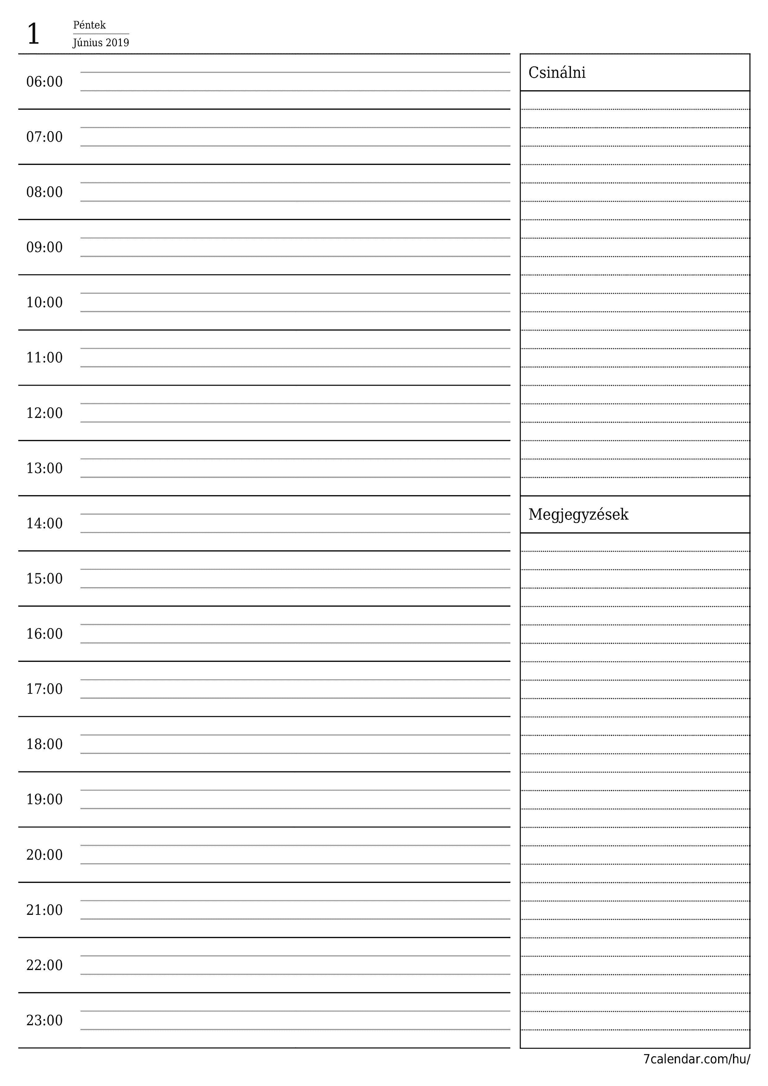 Üres napi tervező a (z) Június 2019 napra jegyzetekkel, mentés és nyomtatás PDF-be PNG Hungarian