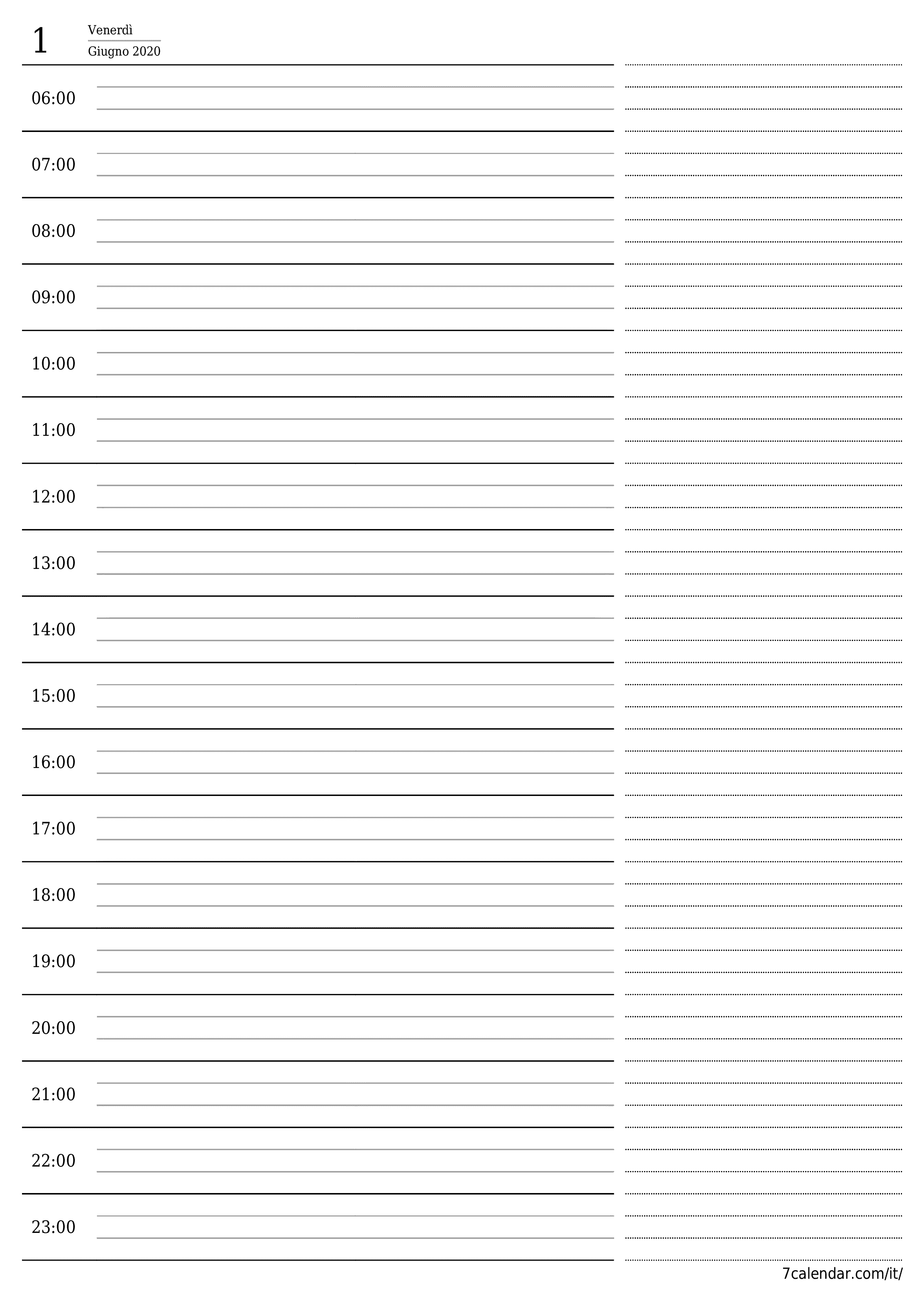 Agenda giornaliera vuota Giugno 2020 con note, salva e stampa in PDF PNG Italian