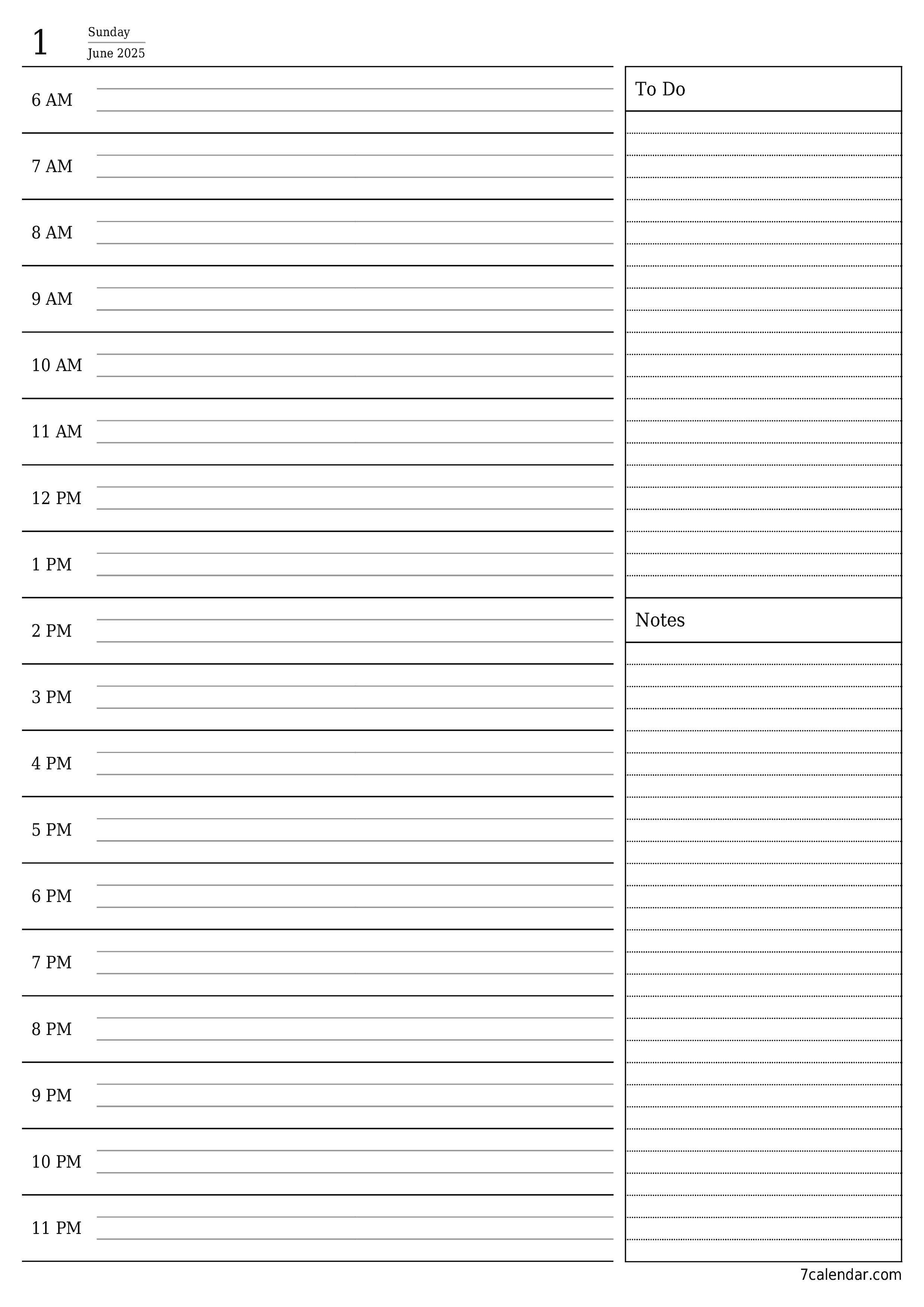 Blank daily printable calendar and planner for day June 2025 with notes, save and print to PDF PNG English