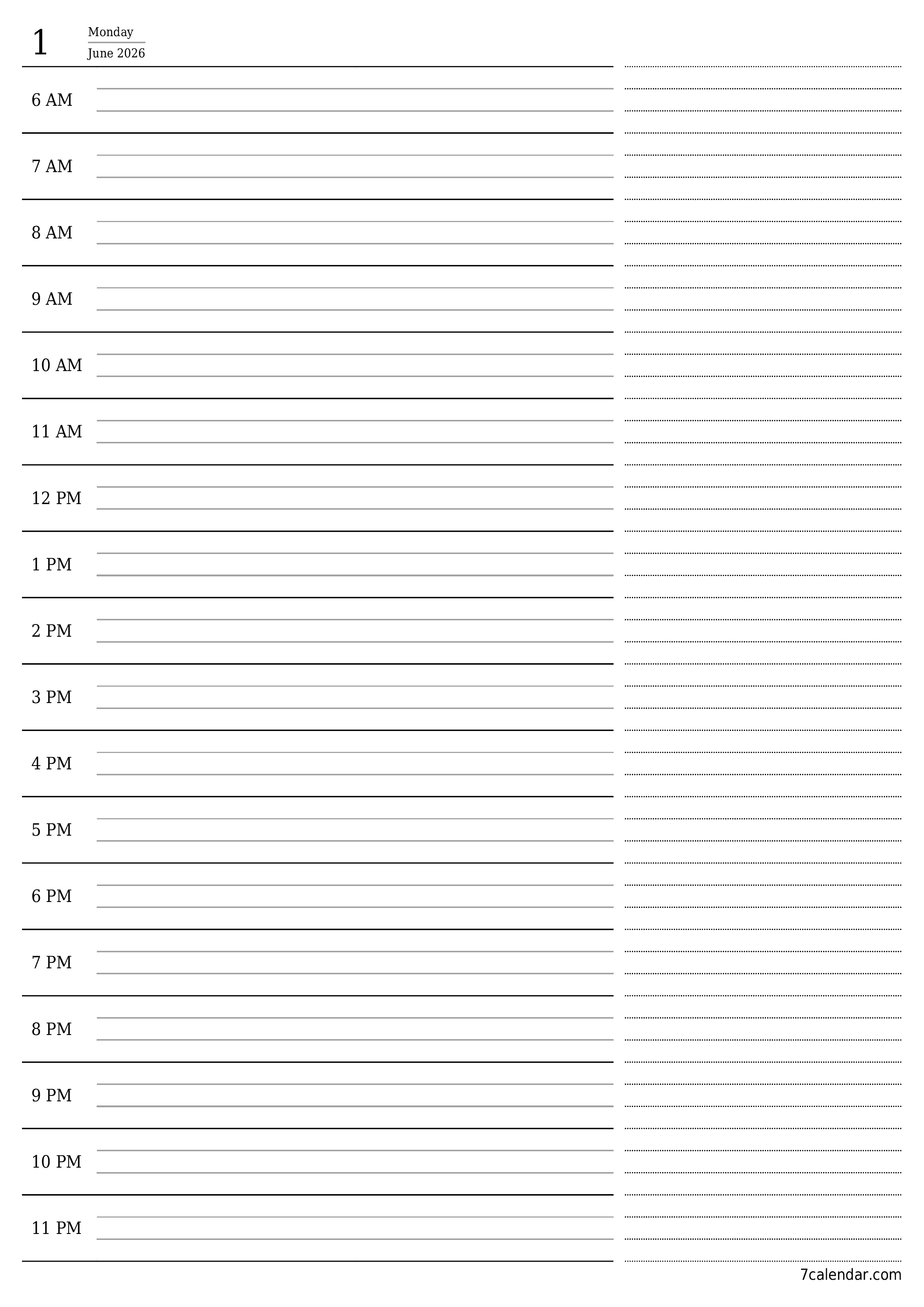 Blank daily printable calendar and planner for day June 2026 with notes, save and print to PDF PNG English