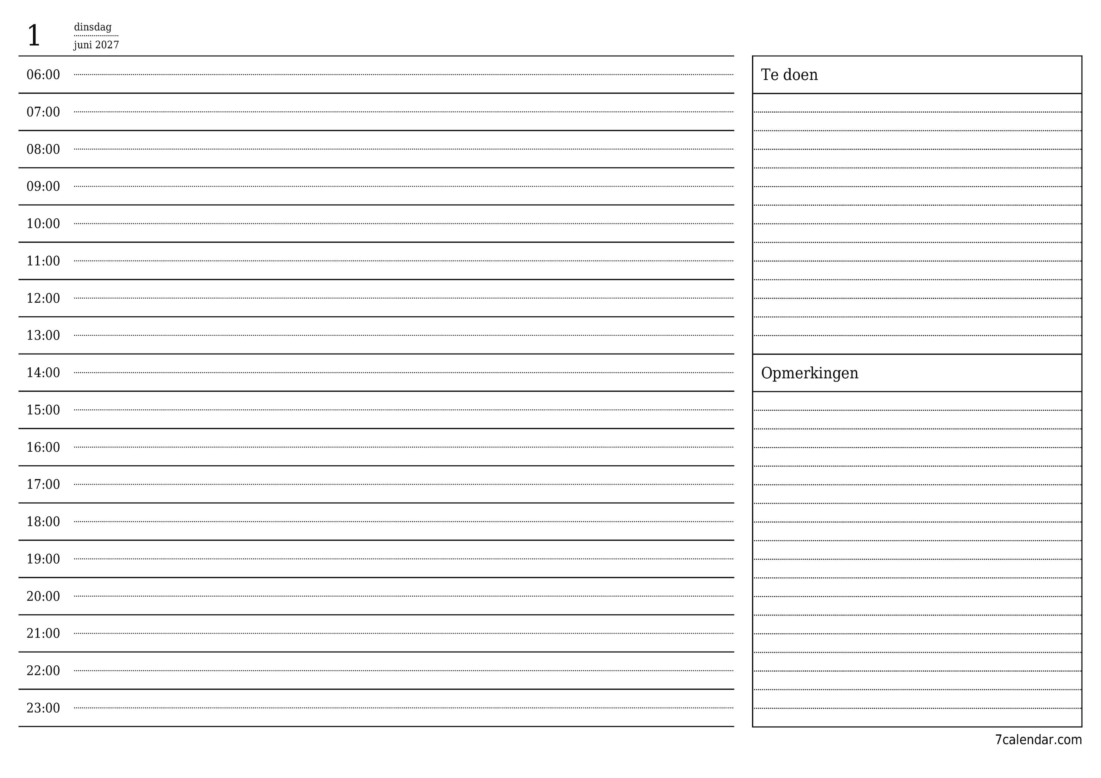 Lege dagelijkse planner voor dag juni 2027 met notities, opslaan en afdrukken naar pdf PNG Dutch