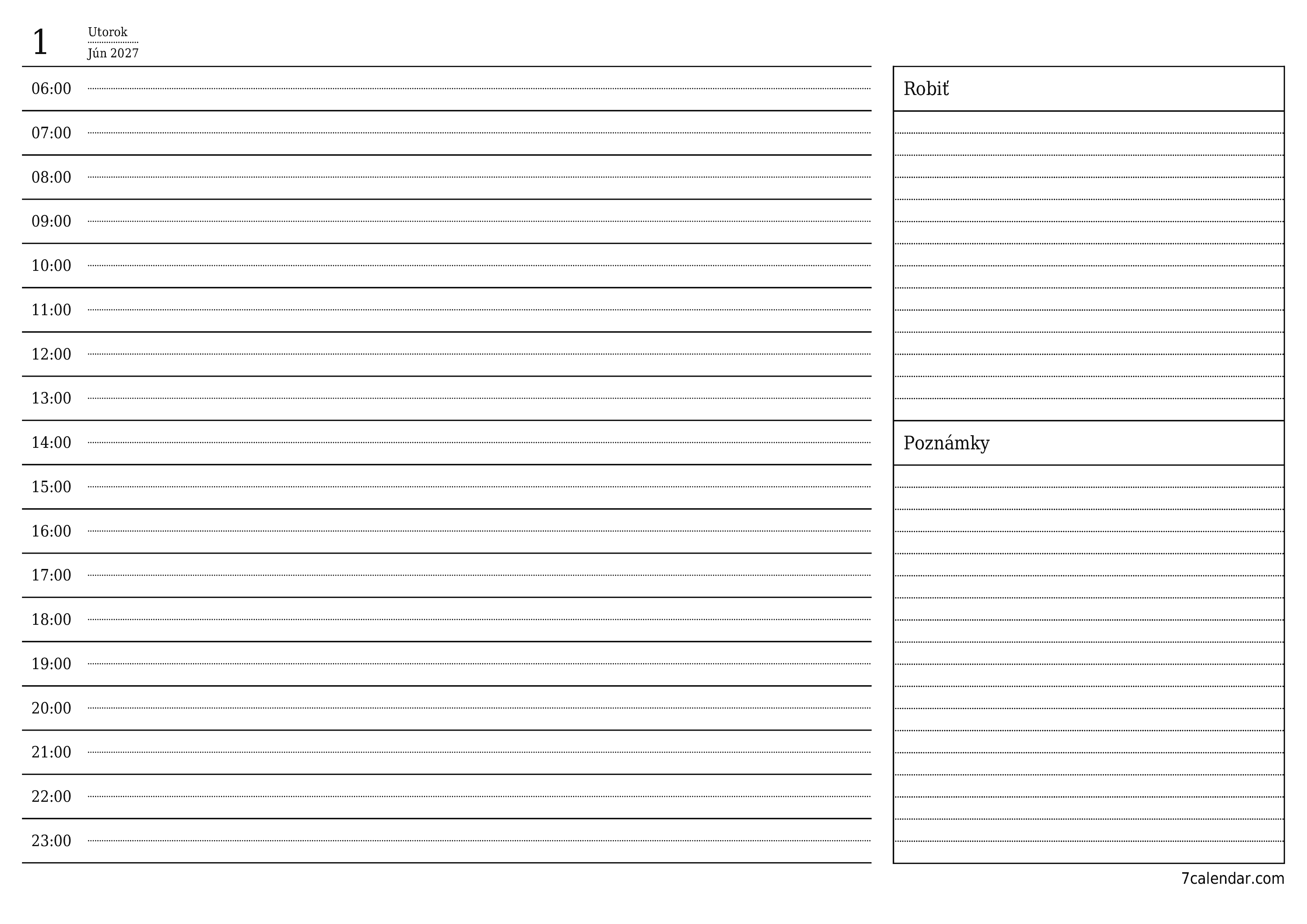 Prázdny denný plánovač na deň Jún 2027 s poznámkami, uloženie a tlač do PDF PNG Slovak