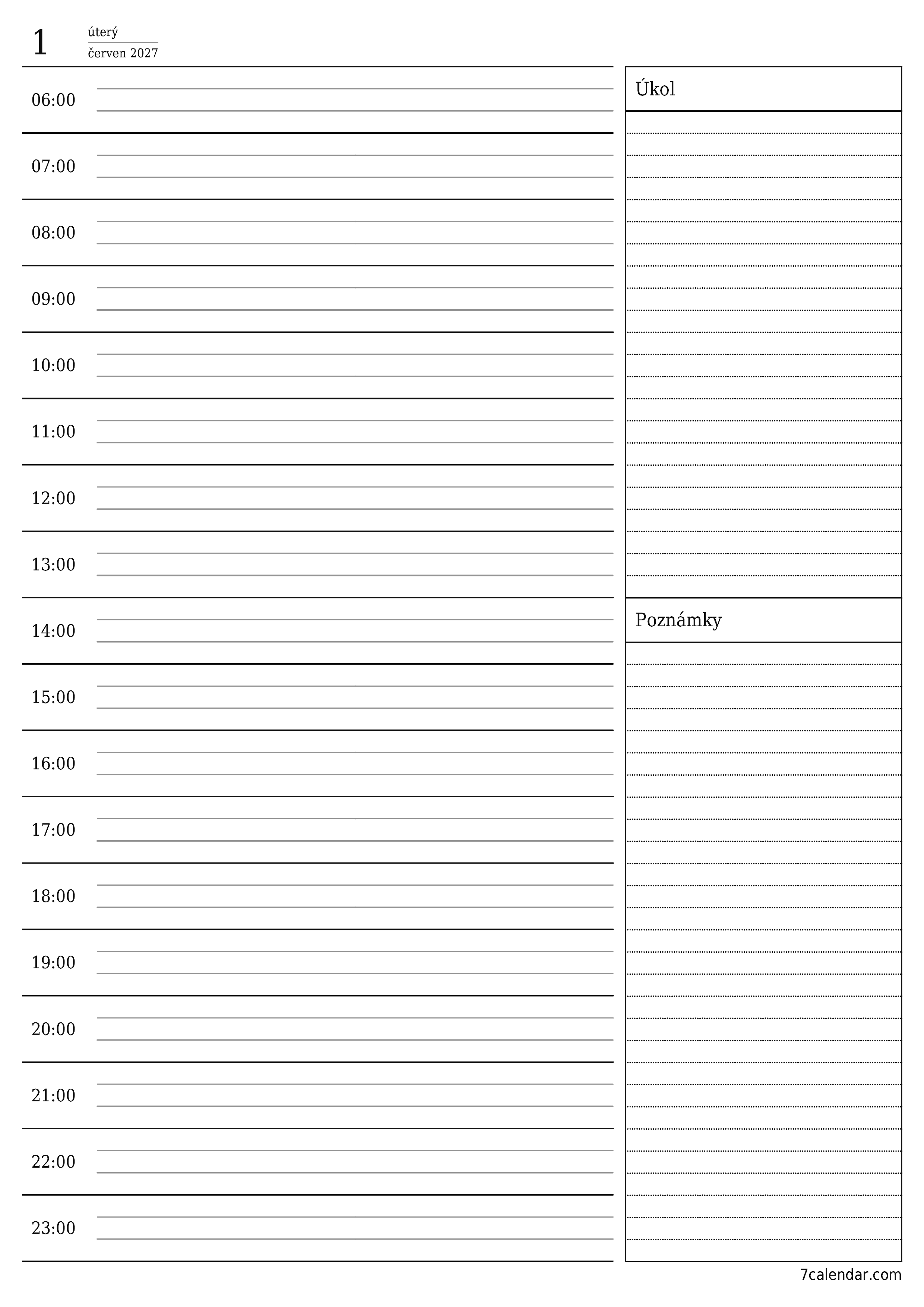 Prázdný denní plánovač na den červen 2027 s poznámkami, uložte a vytiskněte do PDF PNG Czech