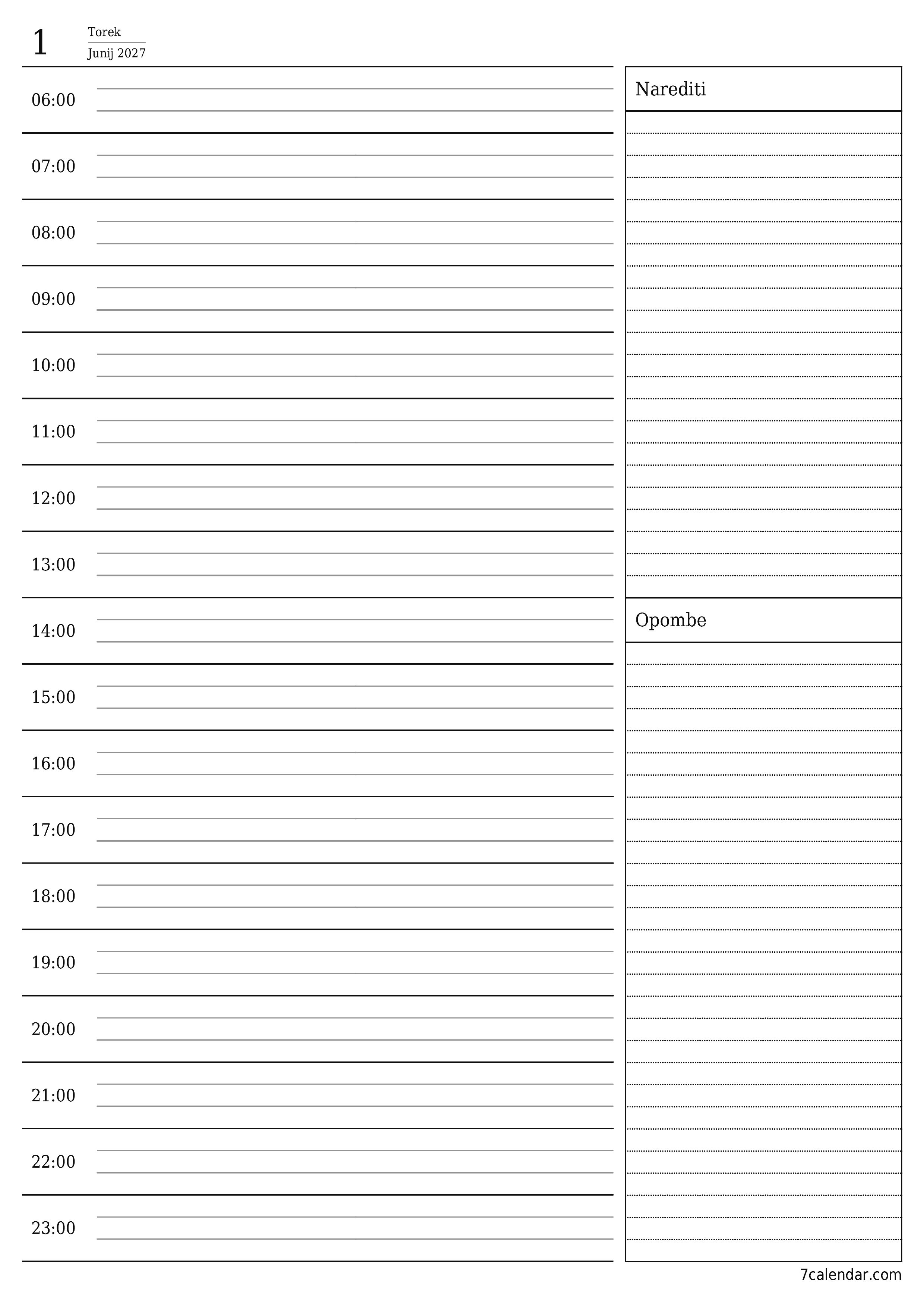 Prazen dnevni koledarski načrtovalec za dan Junij 2027 z opombami, natisnjenimi v PDF PNG Slovenian