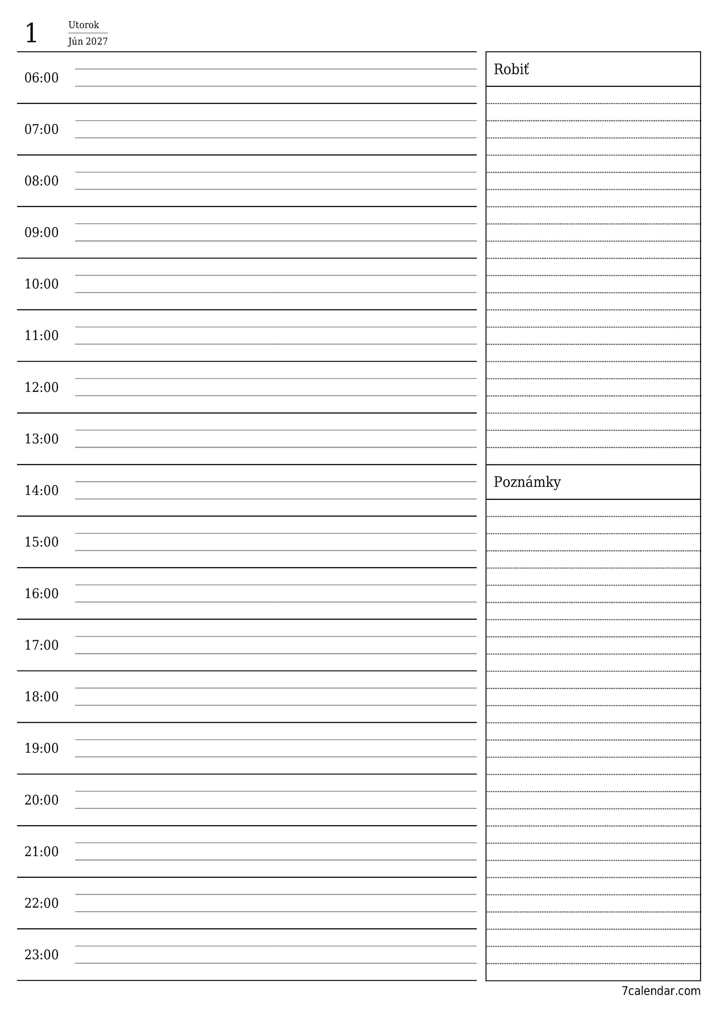 Prázdny denný plánovač na deň Jún 2027 s poznámkami, uloženie a tlač do PDF PNG Slovak