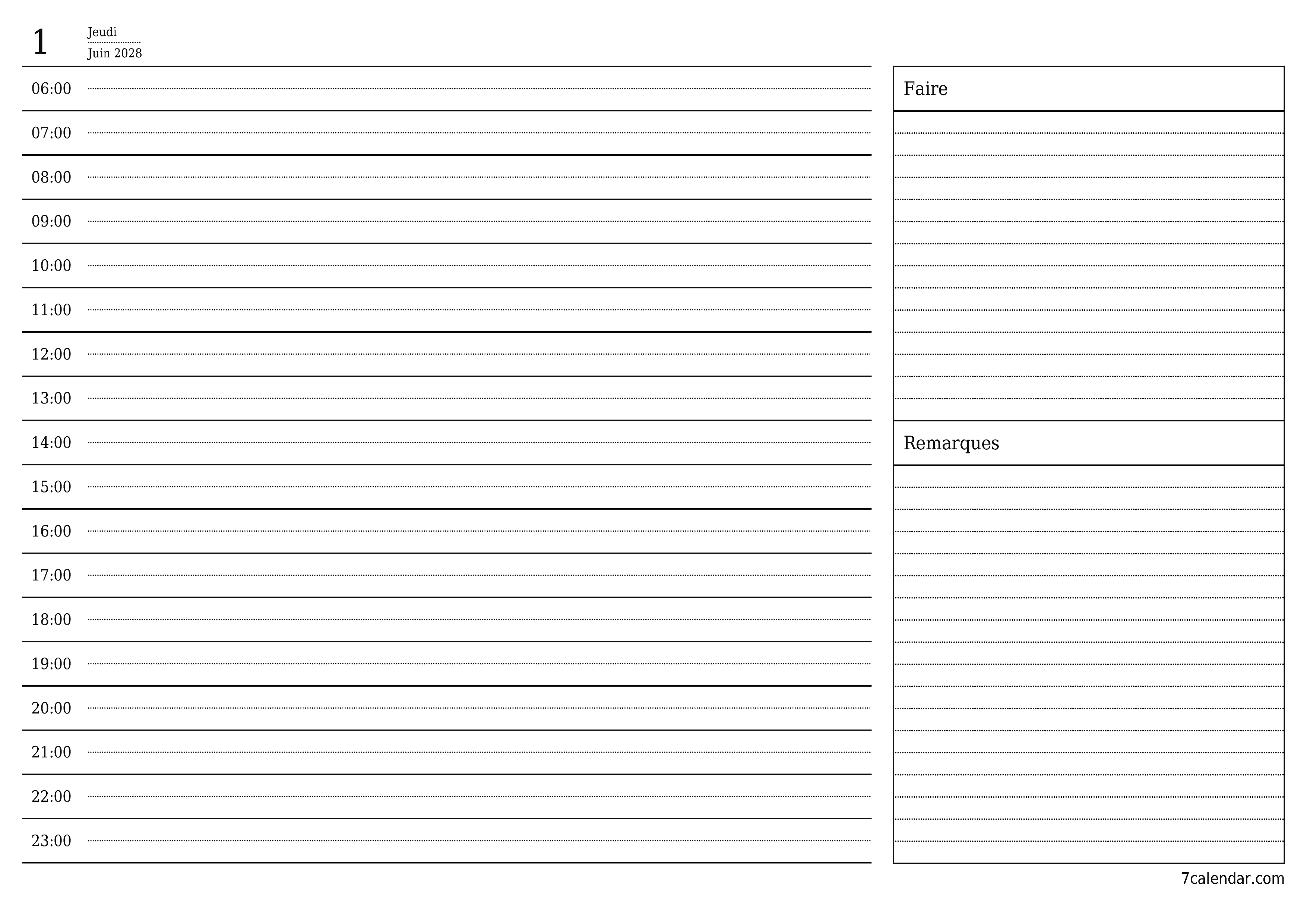 Agenda quotidien vide pour la journée Juin 2028 avec notes, enregistrez et imprimez au format PDF PNG French