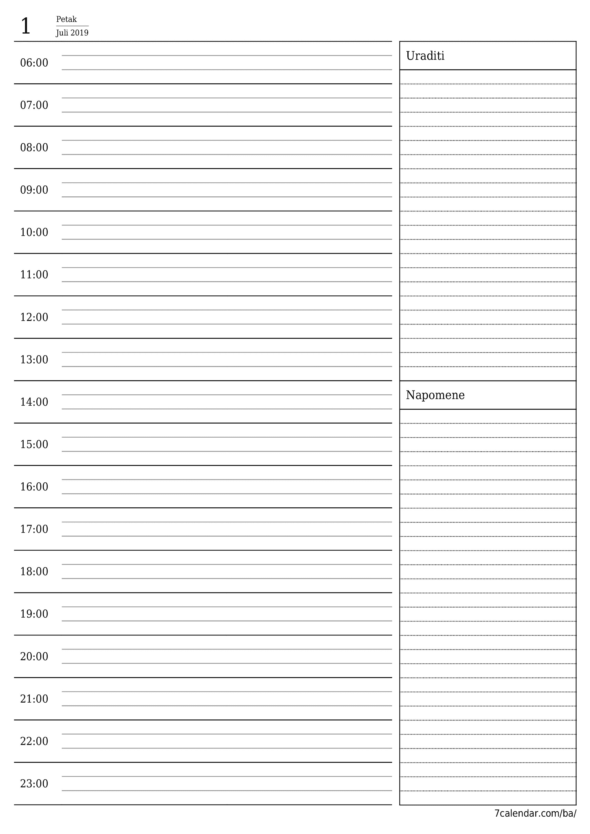  za štampanje zidni šablon a besplatni vertikalno Svakodnevno planer kalendar Juli (Jul) 2019