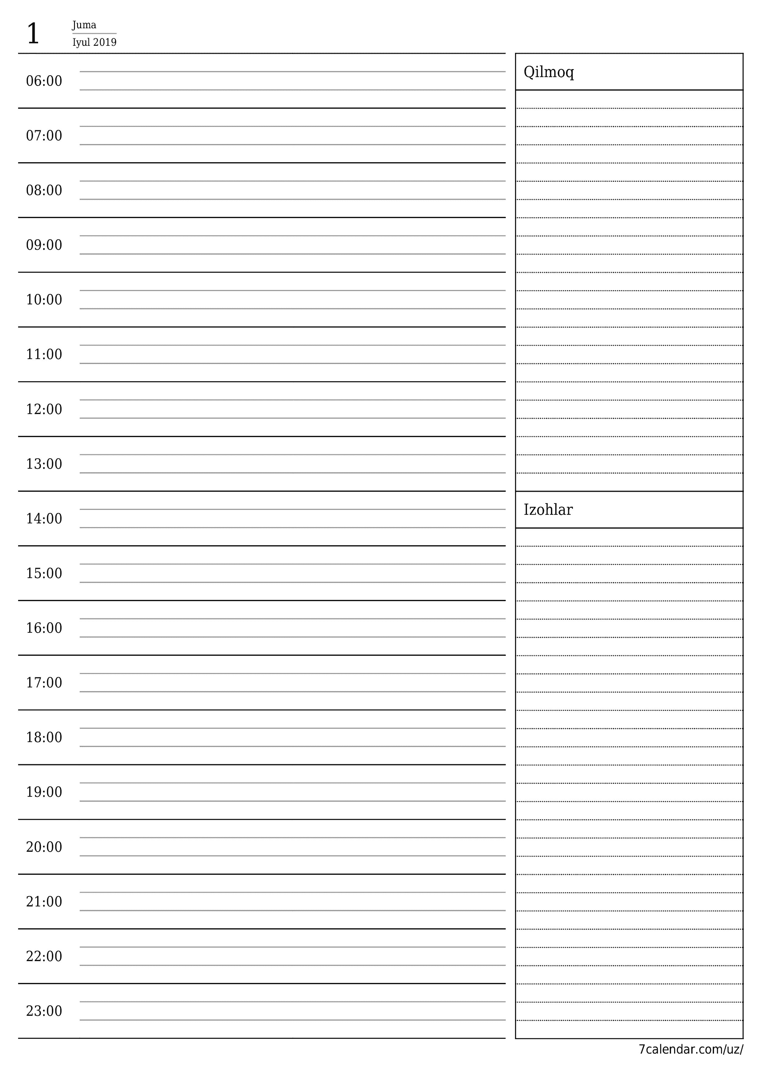 Iyul 2019 kunlik kunlik rejalashtiruvchini yozuvlari bilan bo'shatish, saqlash va PDF-ga chop etish PNG Uzbek