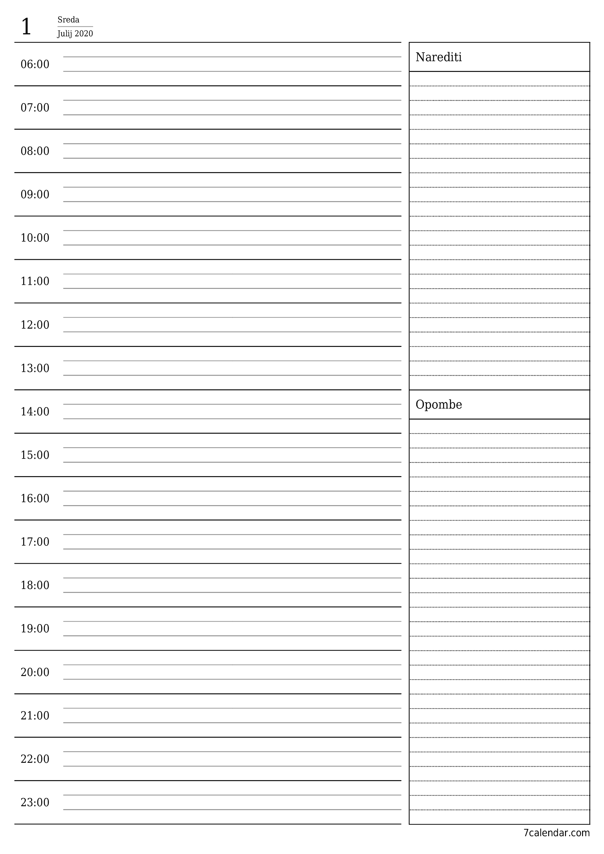 Prazen dnevni koledarski načrtovalec za dan Julij 2020 z opombami, natisnjenimi v PDF PNG Slovenian