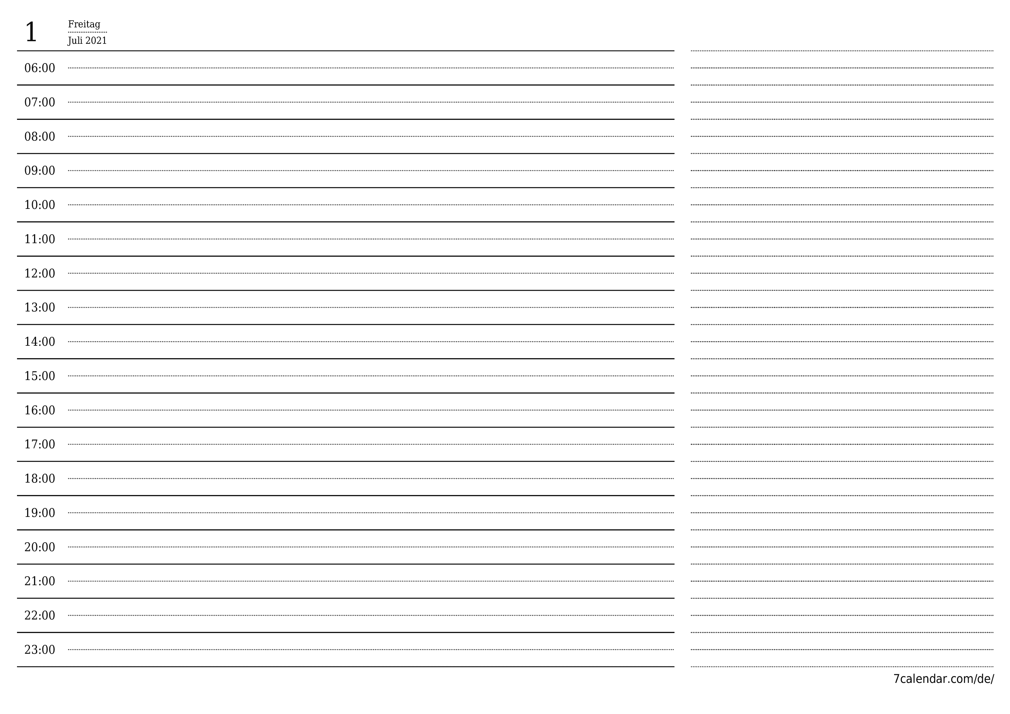 Tagesplaner für Tag Juli 2021 mit Notizen leeren, speichern und als PDF drucken PNG German