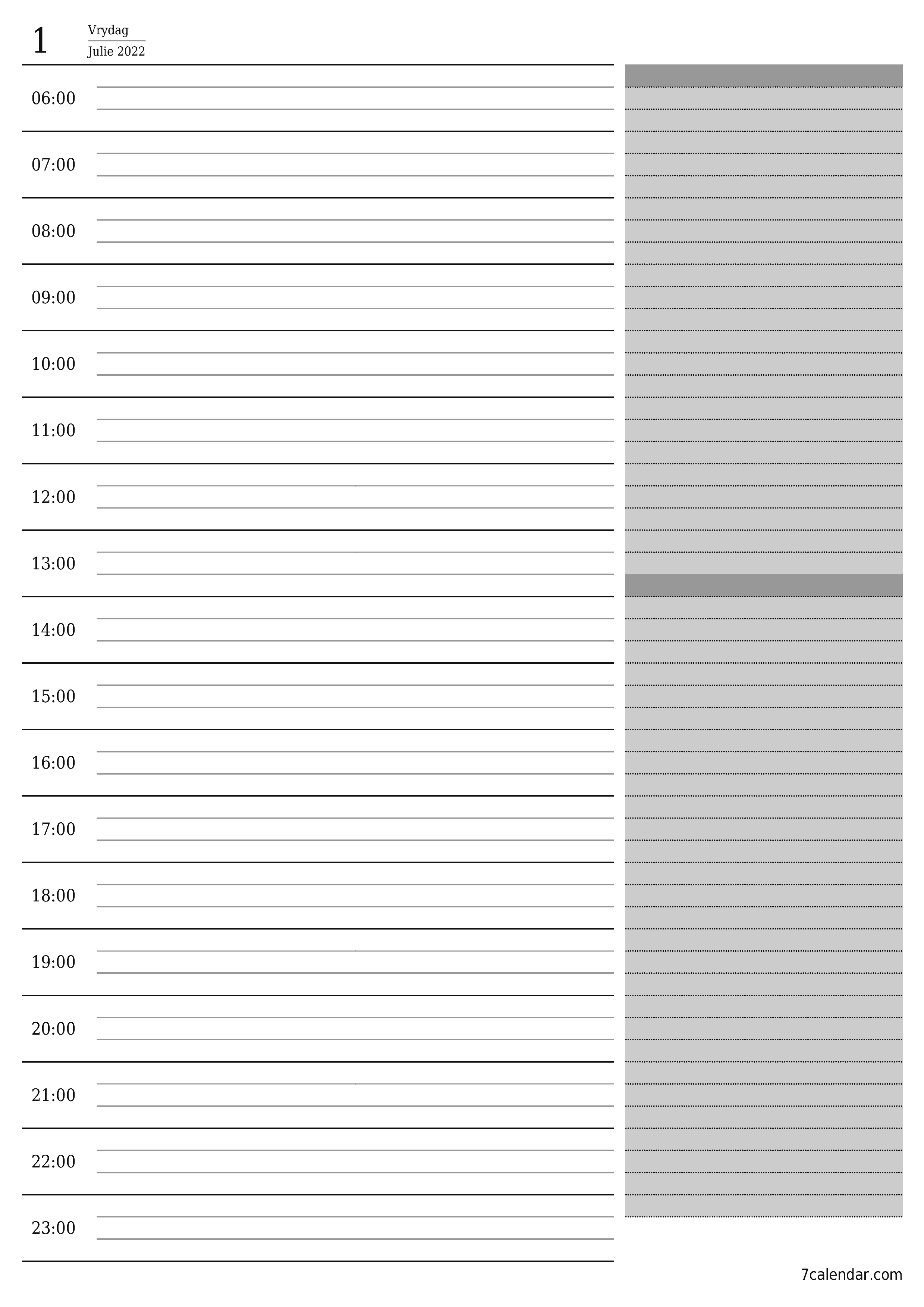 Leë daaglikse drukbare kalender en beplanner vir dag Julie 2022 met notas, stoor en druk na PDF PNG Afrikaans