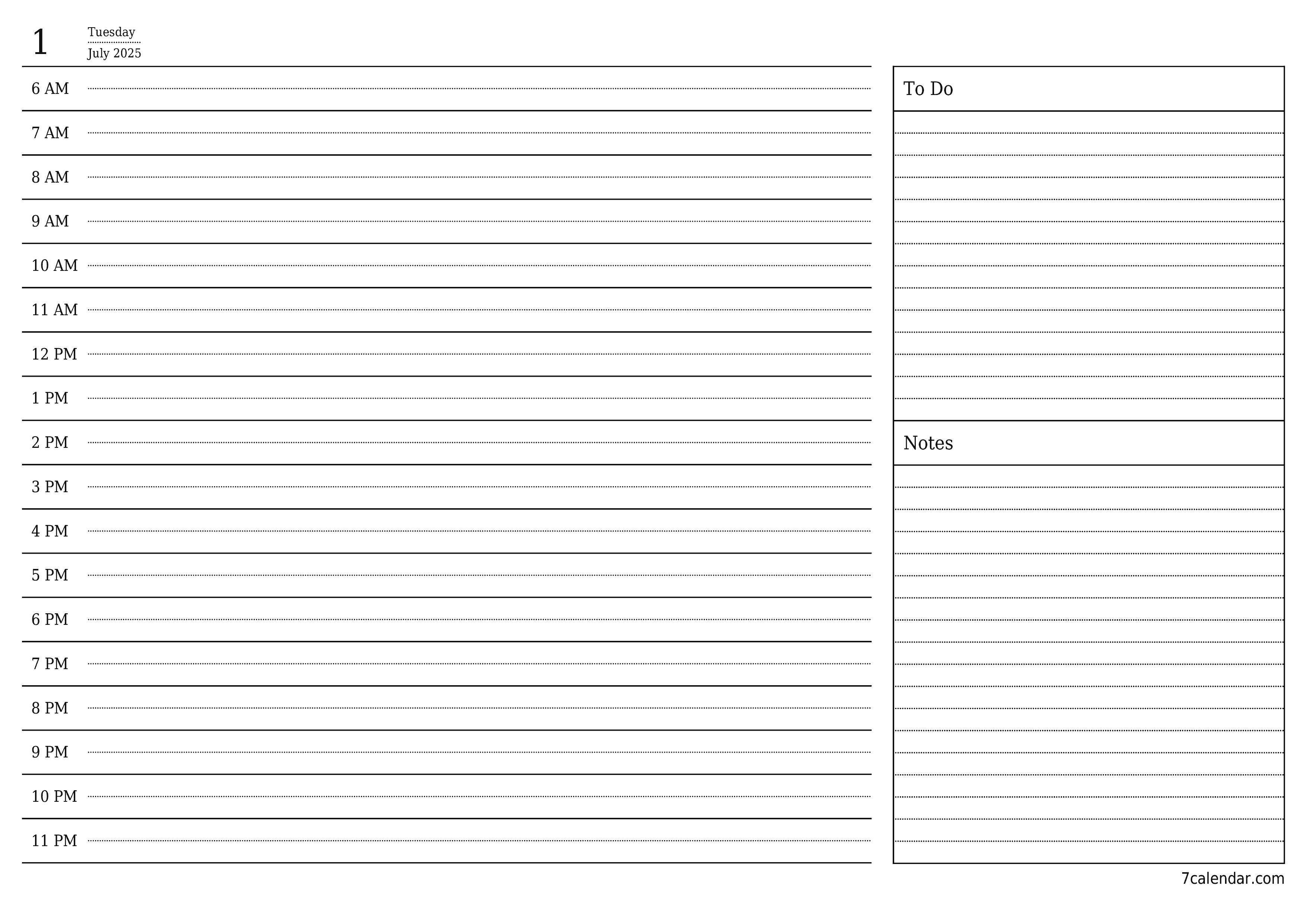Blank daily printable calendar and planner for day July 2025 with notes, save and print to PDF PNG English