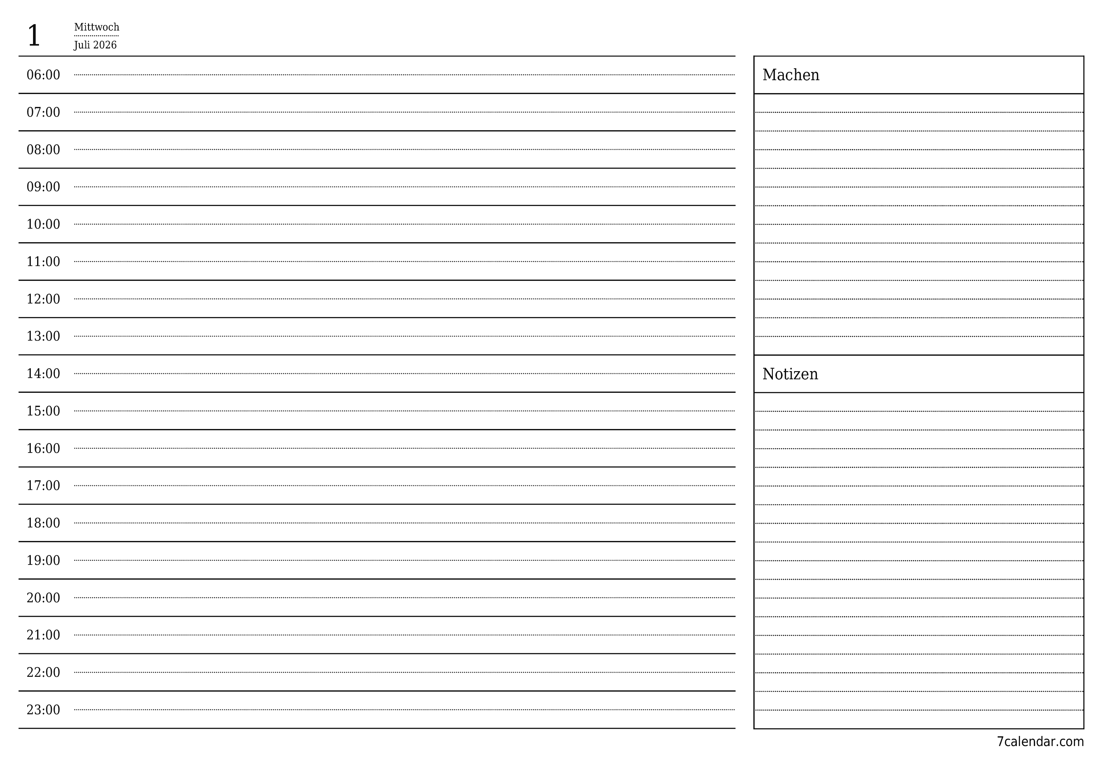 Tagesplaner für Tag Juli 2026 mit Notizen leeren, speichern und als PDF drucken PNG German