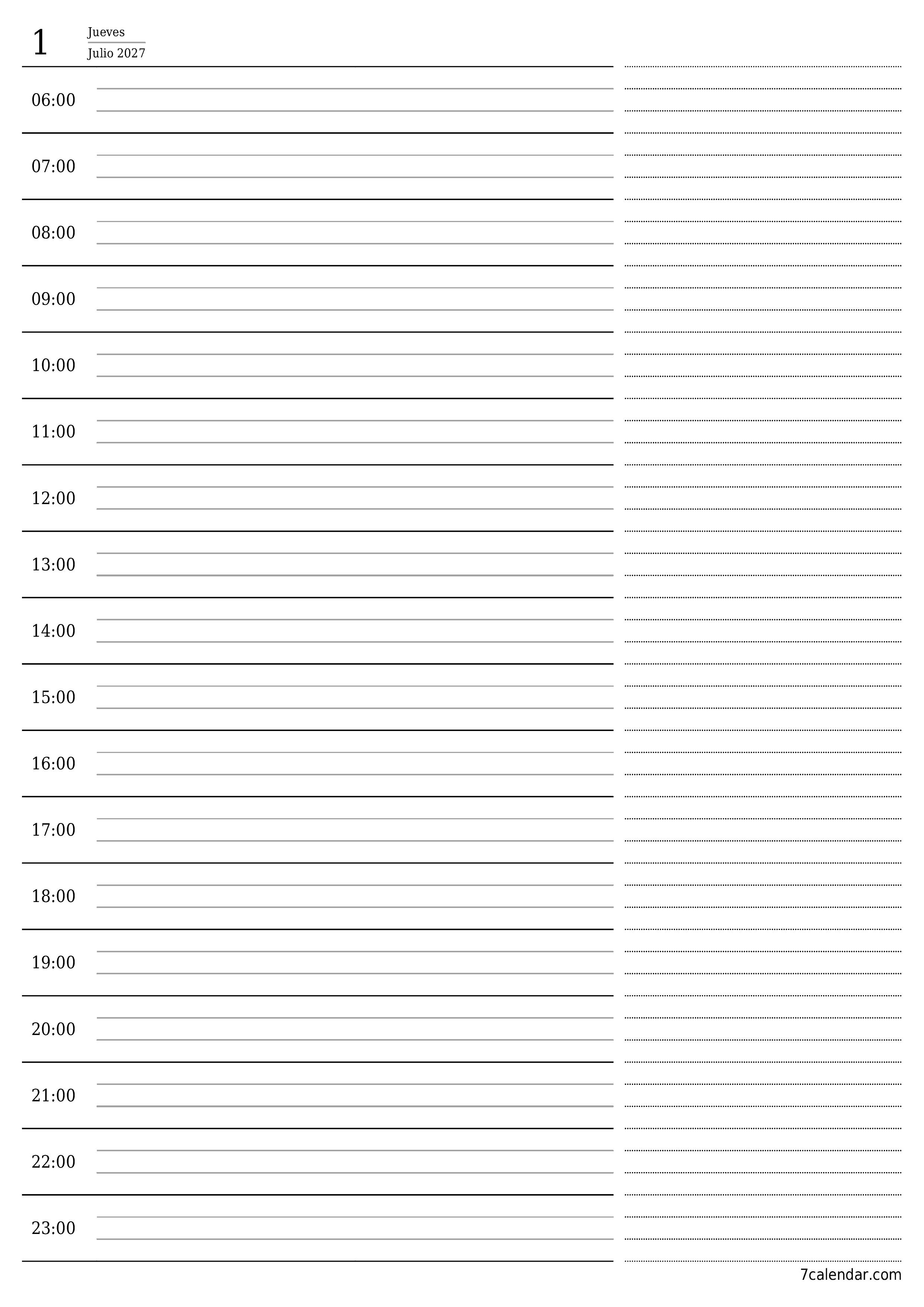 Planificador diario vacío para el día Julio 2027 con notas, guardar e imprimir en PDF PNG Spanish