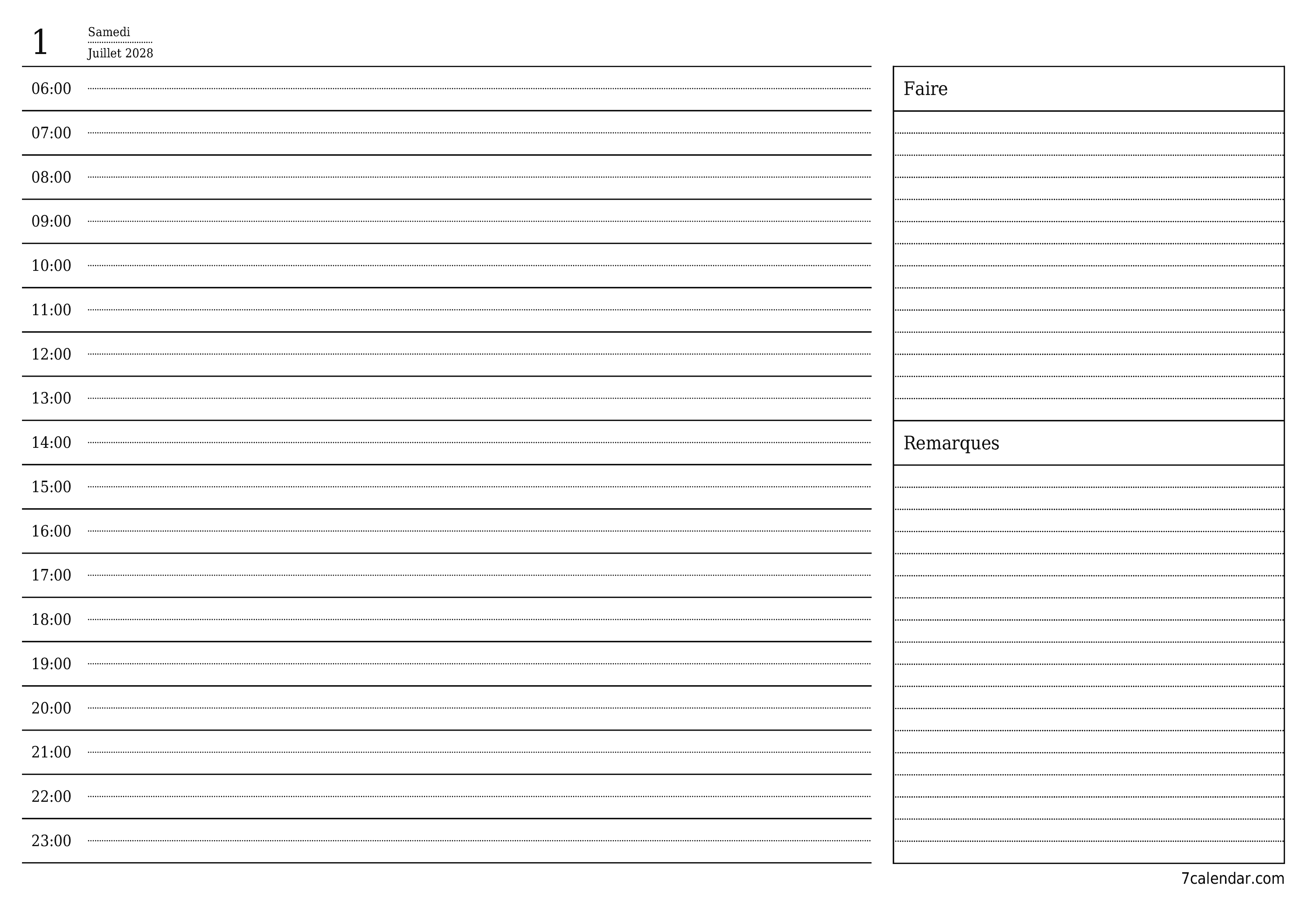 Agenda quotidien vide pour la journée Juillet 2028 avec notes, enregistrez et imprimez au format PDF PNG French