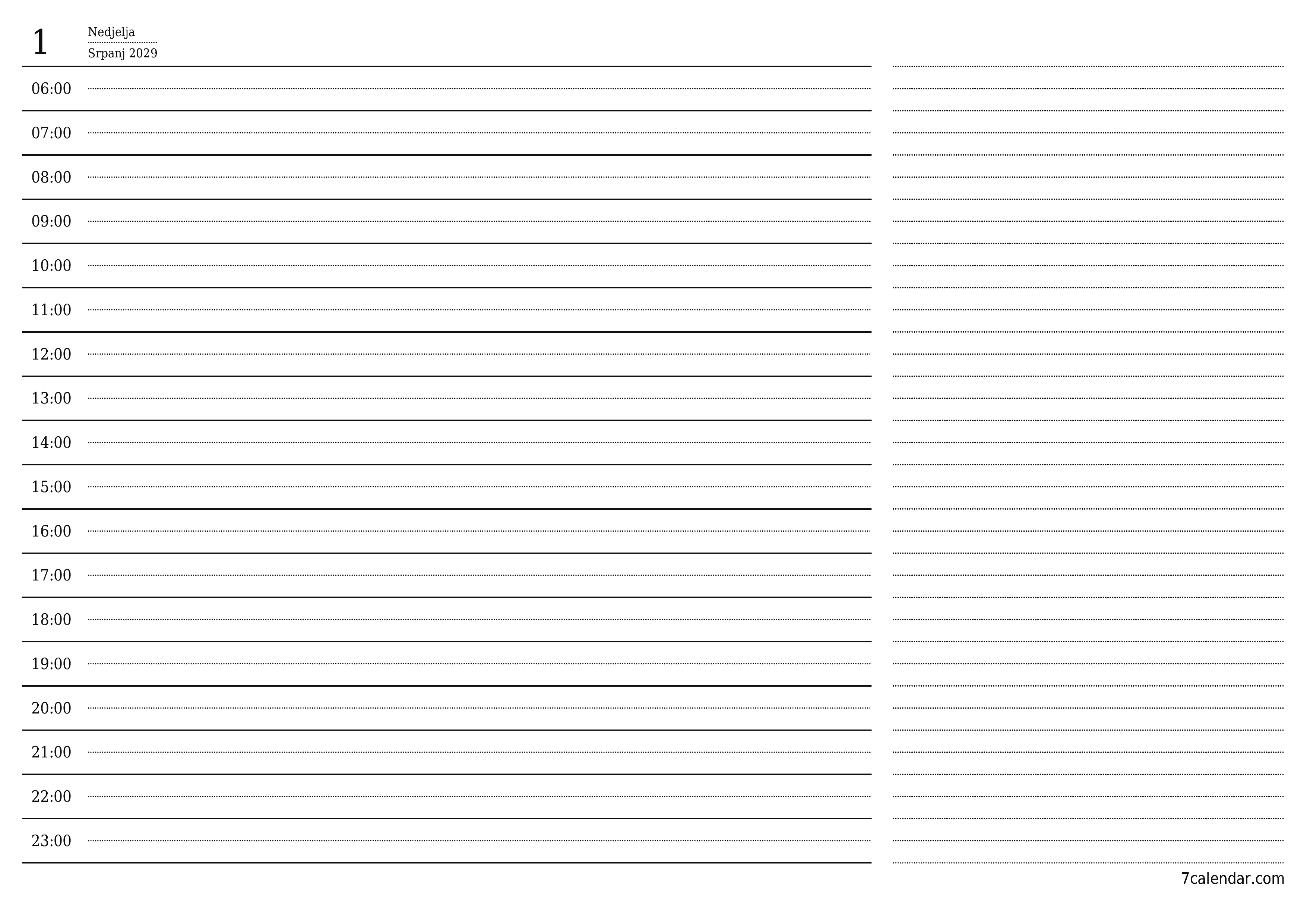 Ispraznite dnevni planer za dan Srpanj 2029 s bilješkama, spremite i ispišite u PDF PNG Croatian