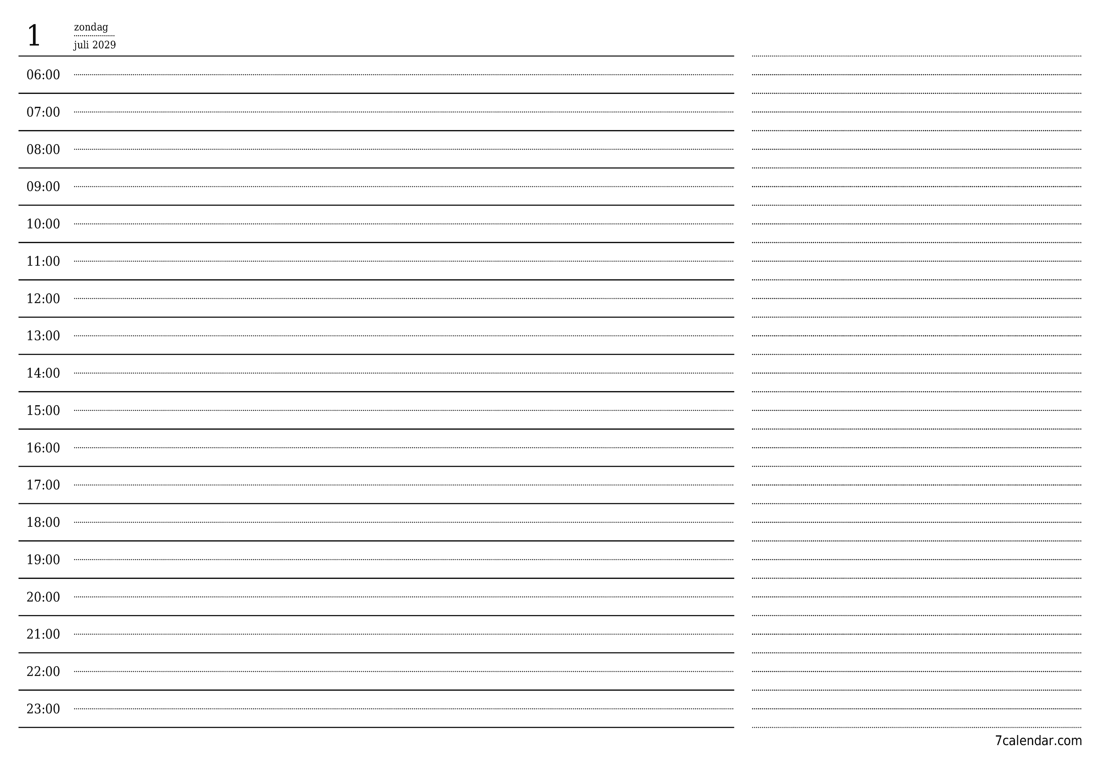 Lege dagelijkse planner voor dag juli 2029 met notities, opslaan en afdrukken naar pdf PNG Dutch