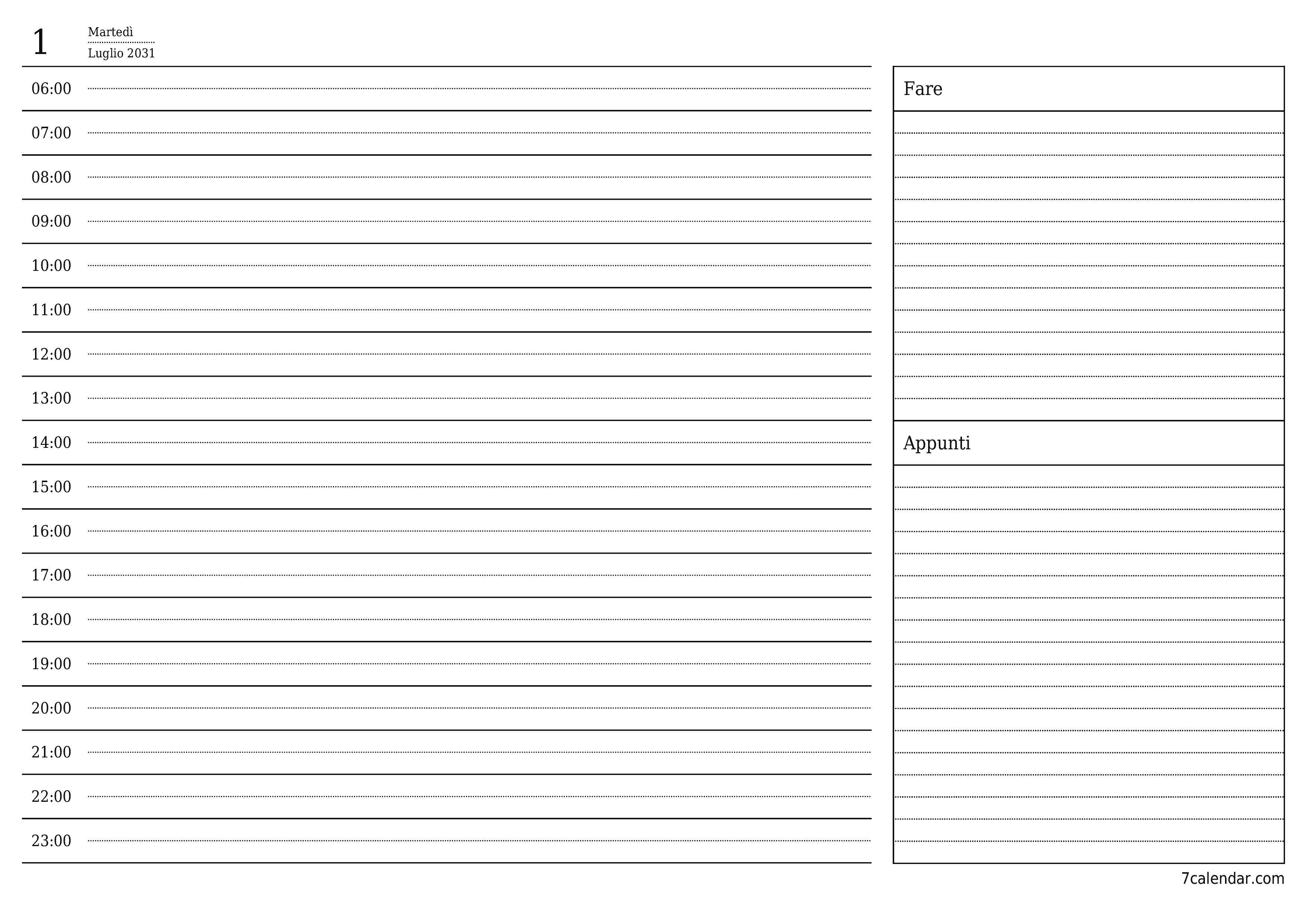 Agenda giornaliera vuota Luglio 2031 con note, salva e stampa in PDF PNG Italian