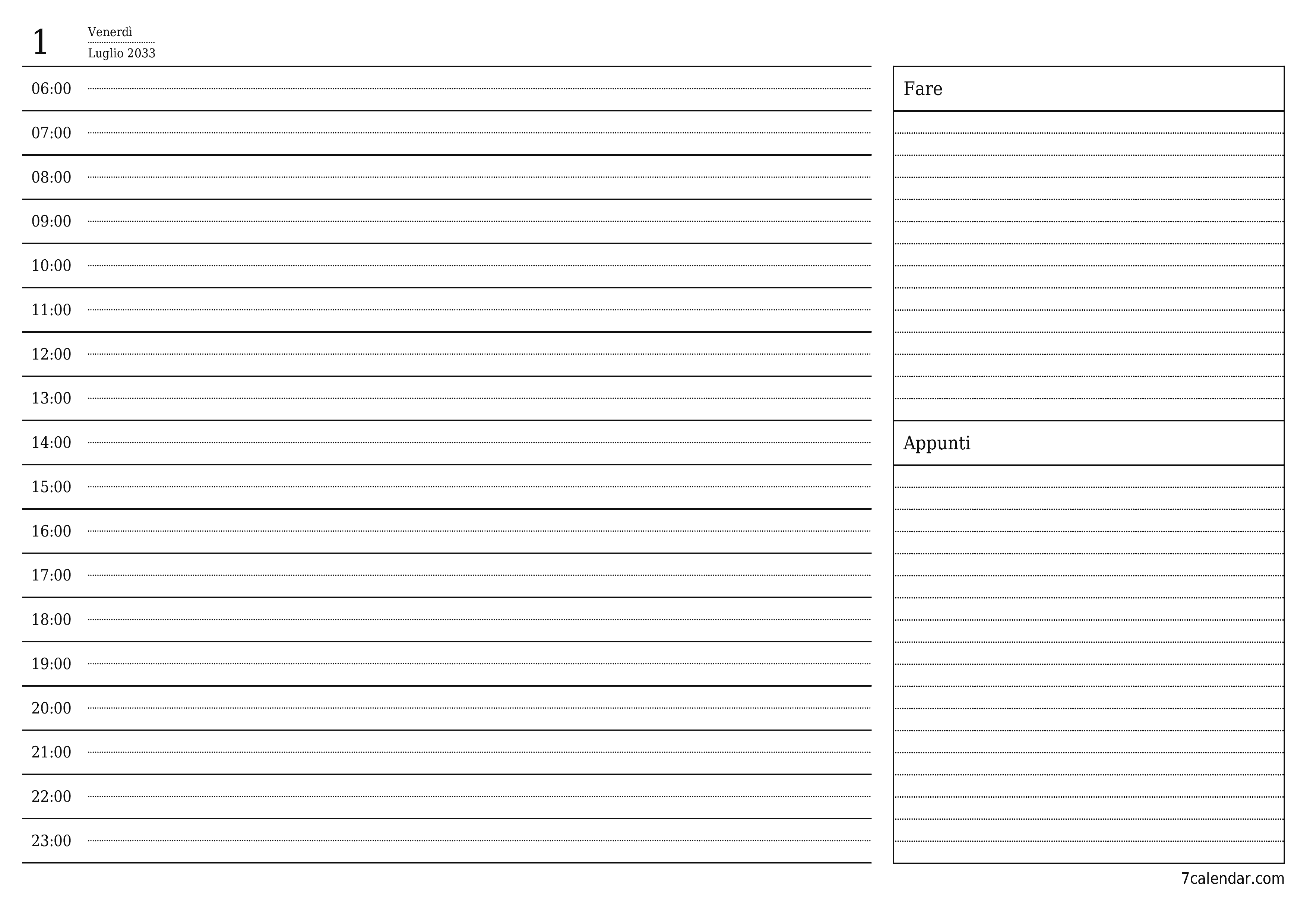 Agenda giornaliera vuota Luglio 2033 con note, salva e stampa in PDF PNG Italian