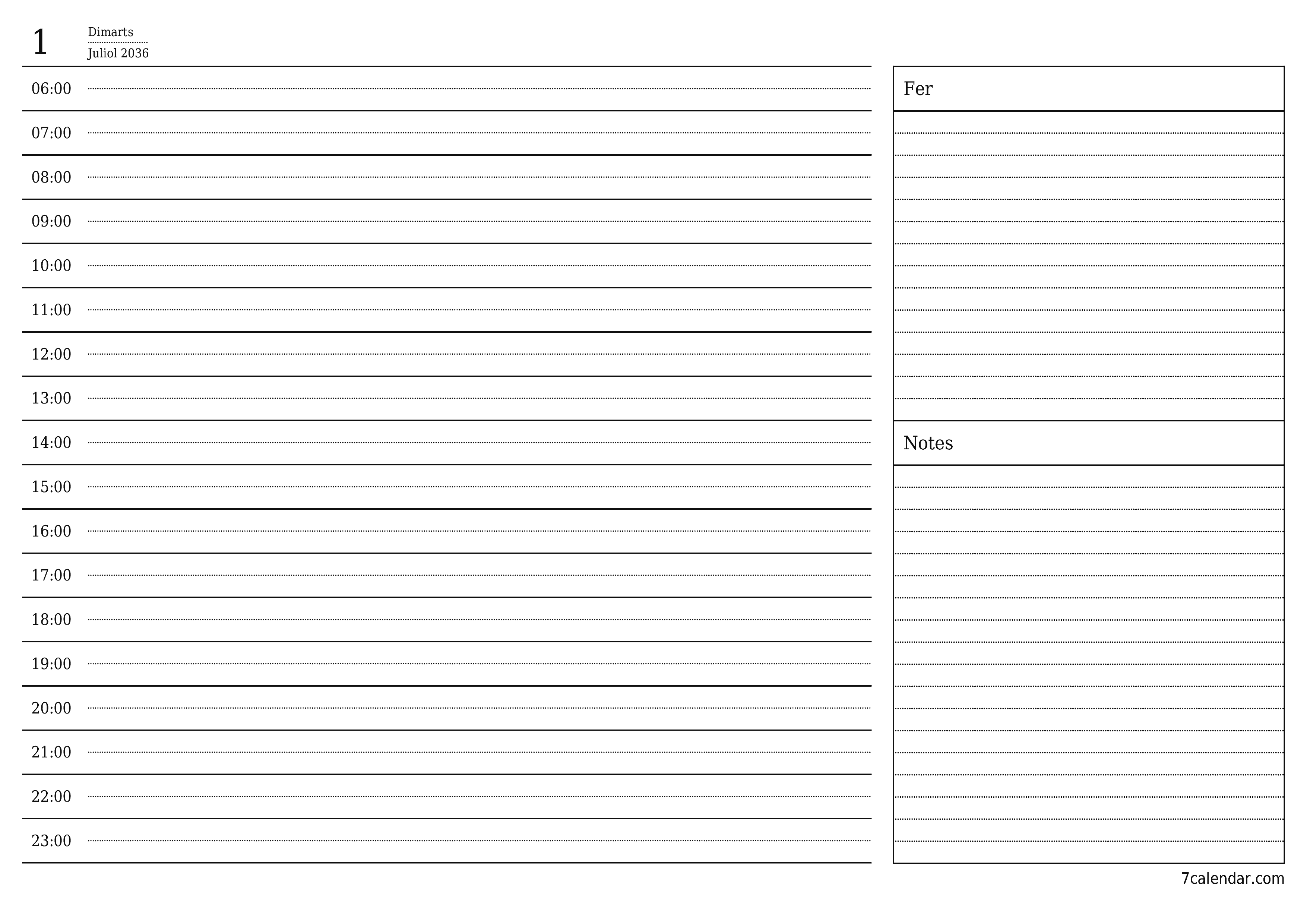 Un planificador diari buit del dia Juliol 2036 amb notes, deseu-lo i imprimiu-lo en format PDF PNG Catalan