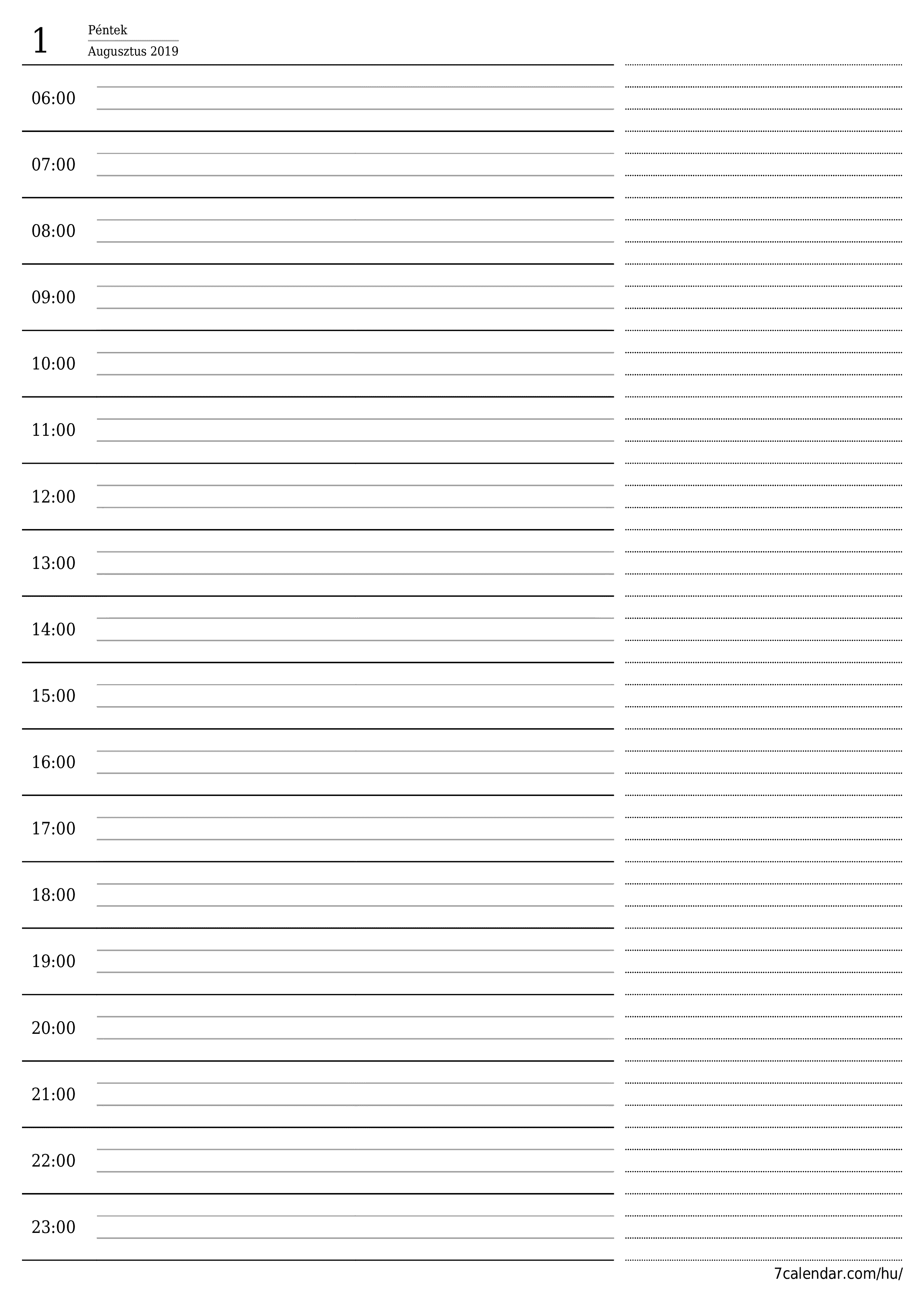 nyomtatható fali sablon ingyenes függőleges Napi tervező naptár Augusztus (Aug) 2019