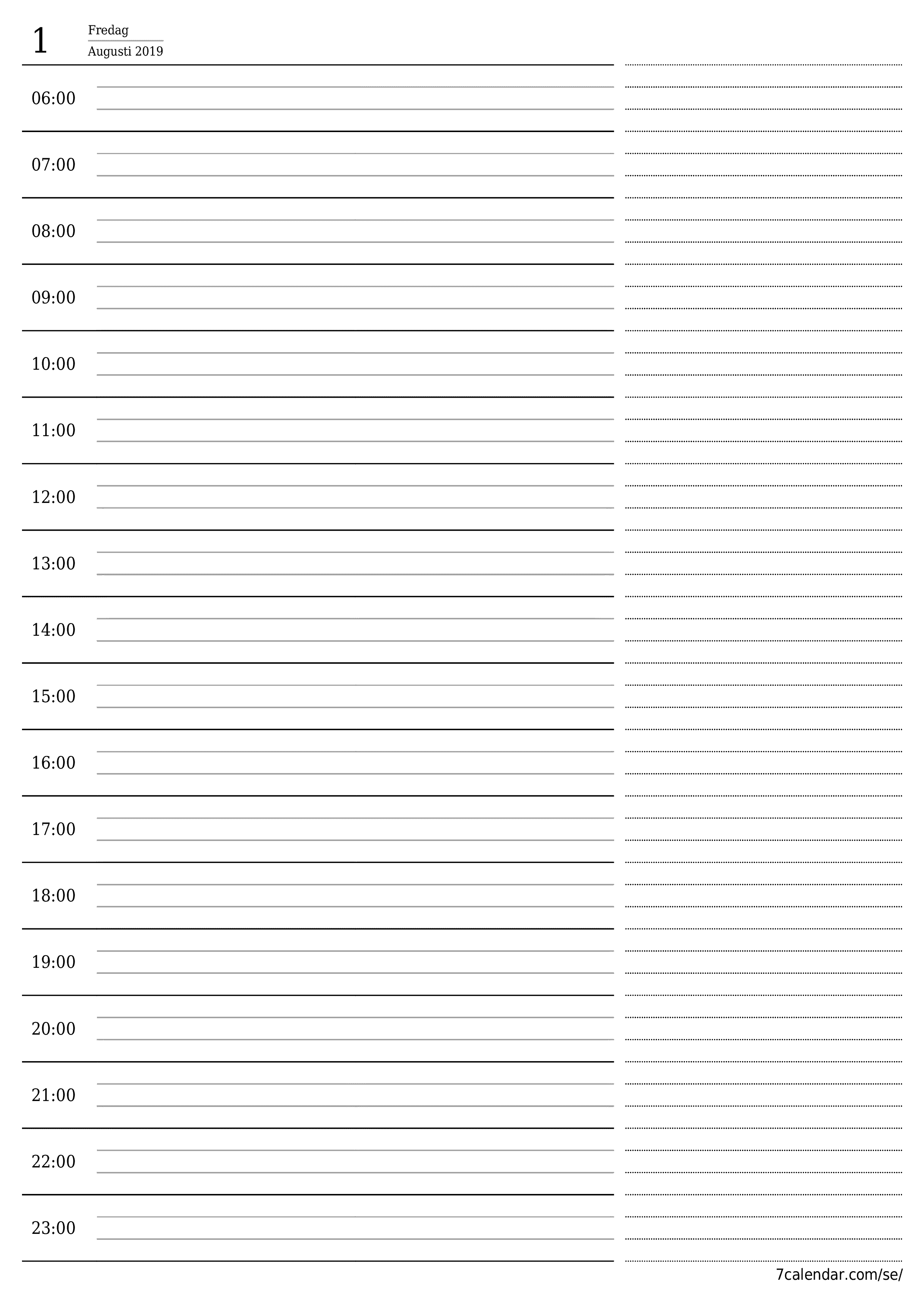 utskrivbar vägg mall gratis vertikal Daglig planerare kalender Augusti (Aug) 2019