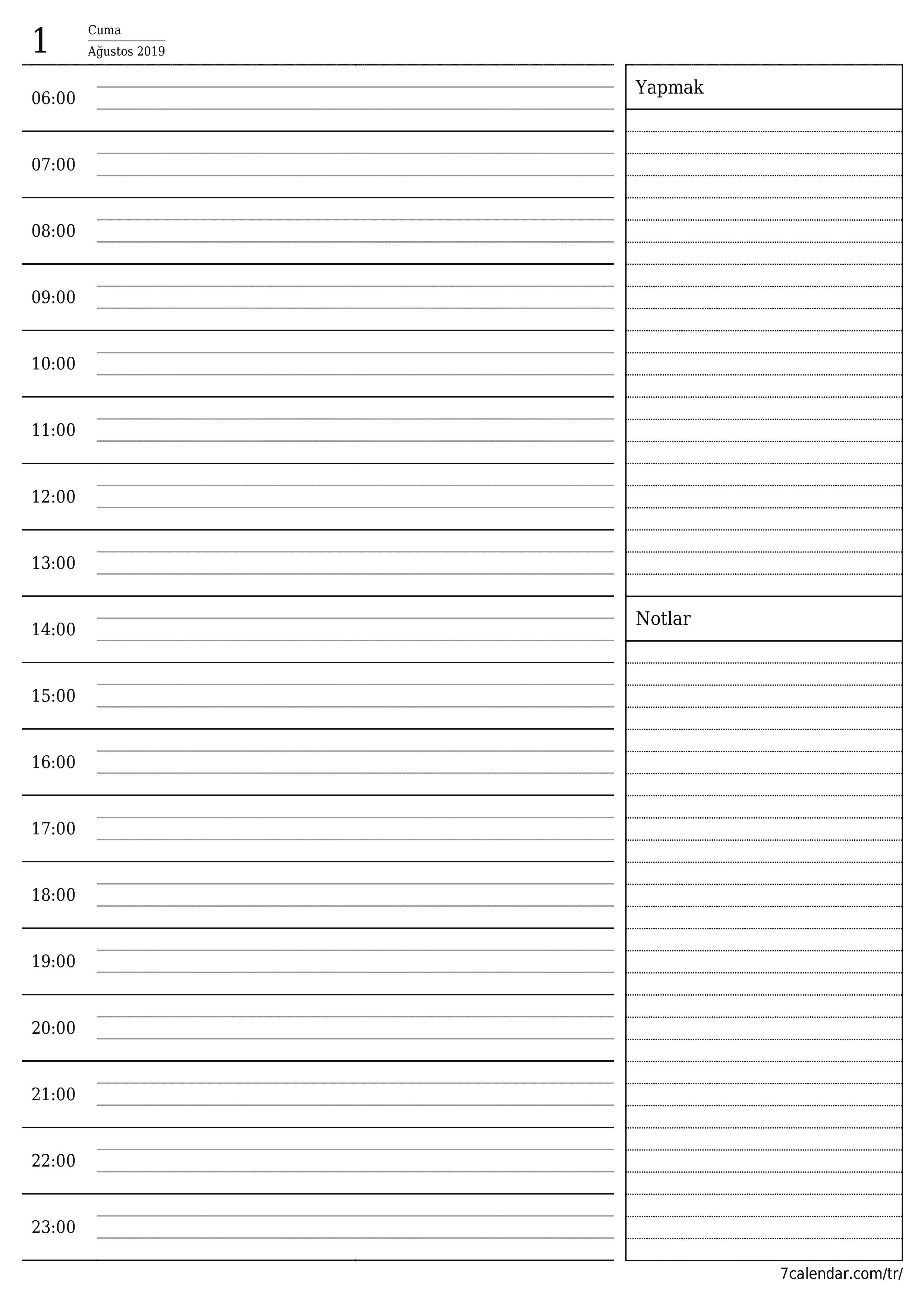 yazdırılabilir duvar i şablonu ücretsiz dikey Günlük planlayıcı takvim Ağustos (Ağu) 2019