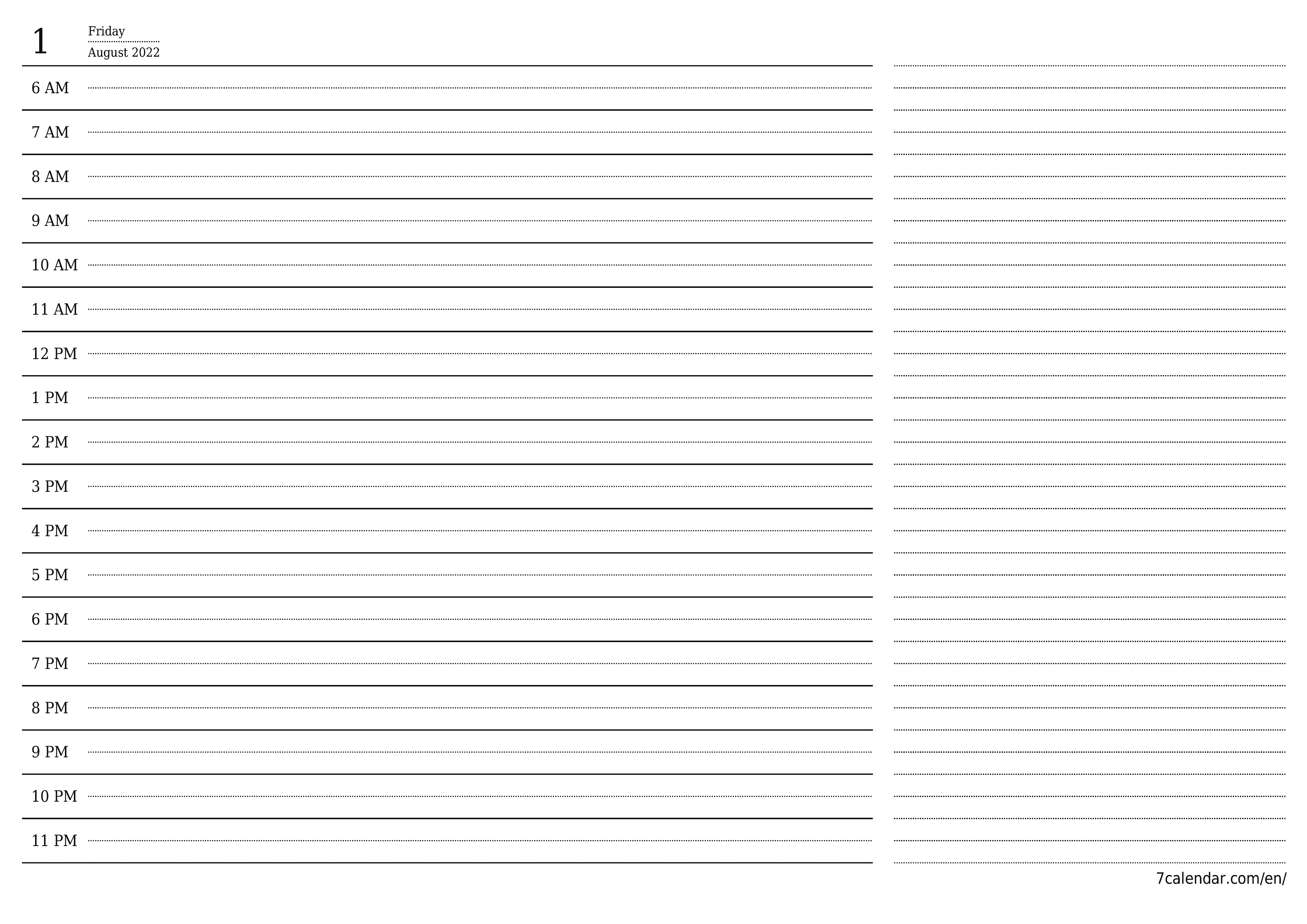 Blank daily printable calendar and planner for day August 2022 with notes, save and print to PDF PNG English