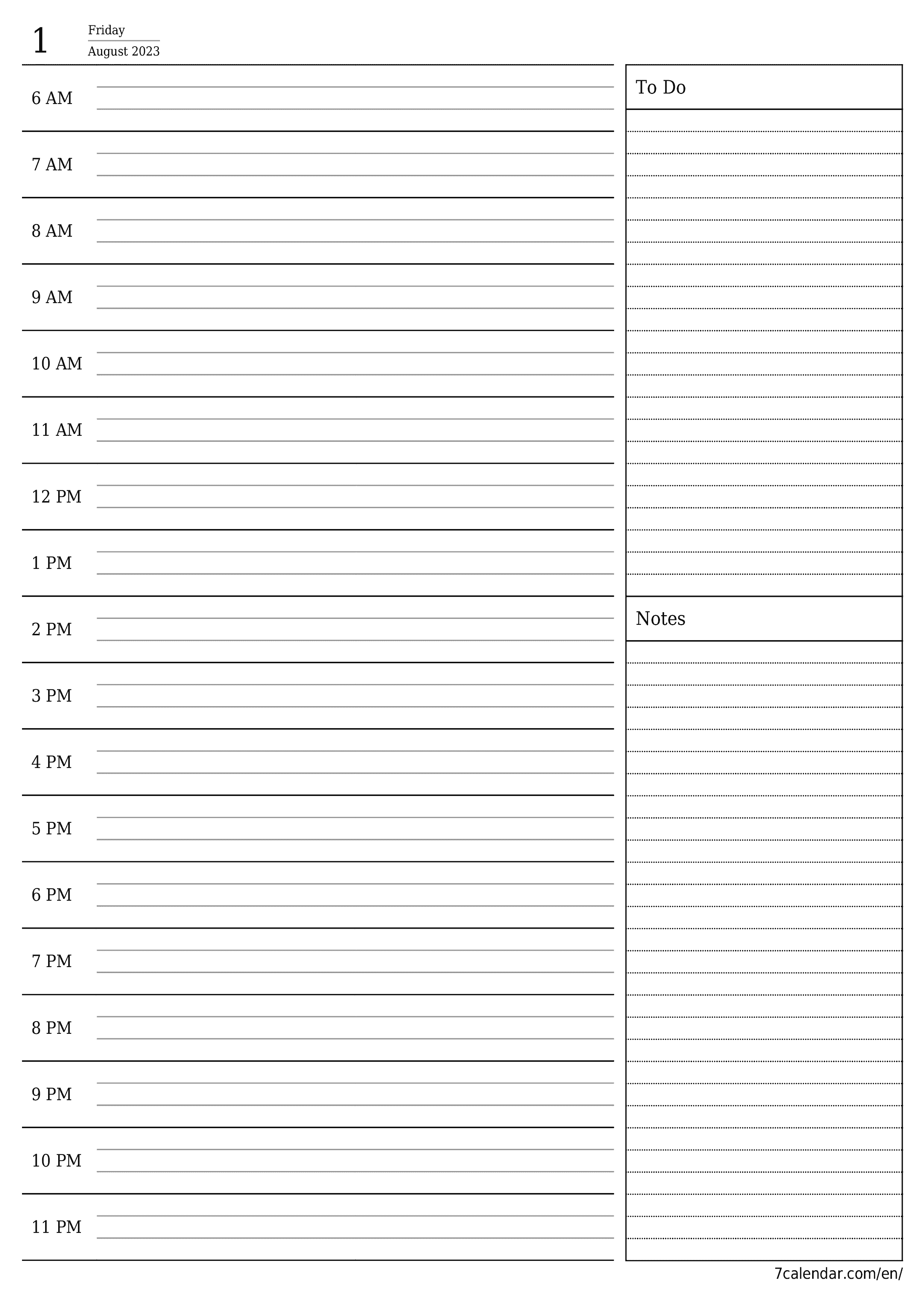 Blank daily printable calendar and planner for day August 2023 with notes, save and print to PDF PNG English - 7calendar.com