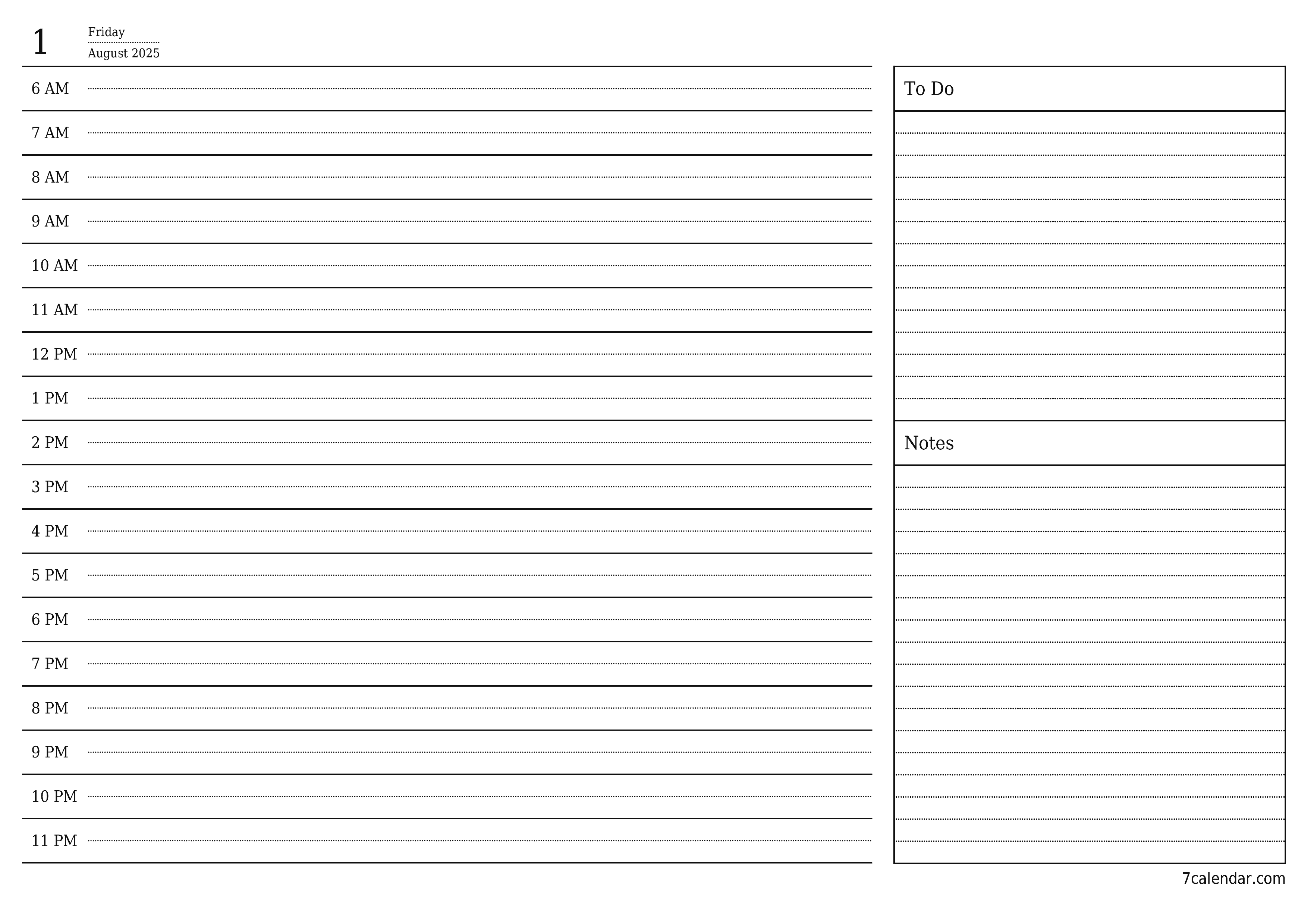 Blank daily printable calendar and planner for day August 2025 with notes, save and print to PDF PNG English