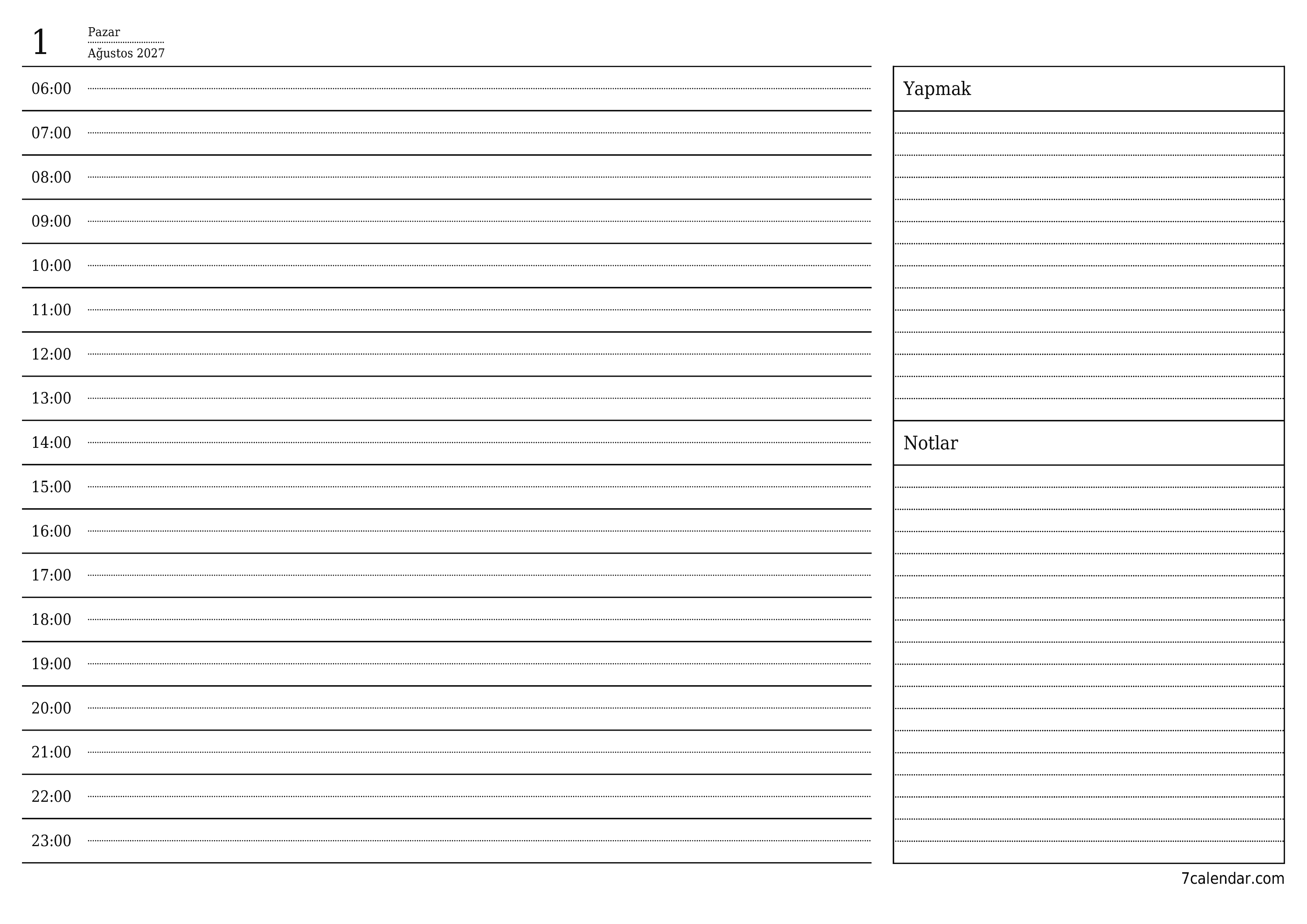 Notlarla Ağustos 2027 günü için boş günlük planlayıcı, kaydedin ve PDF'ye yazdırın PNG Turkish