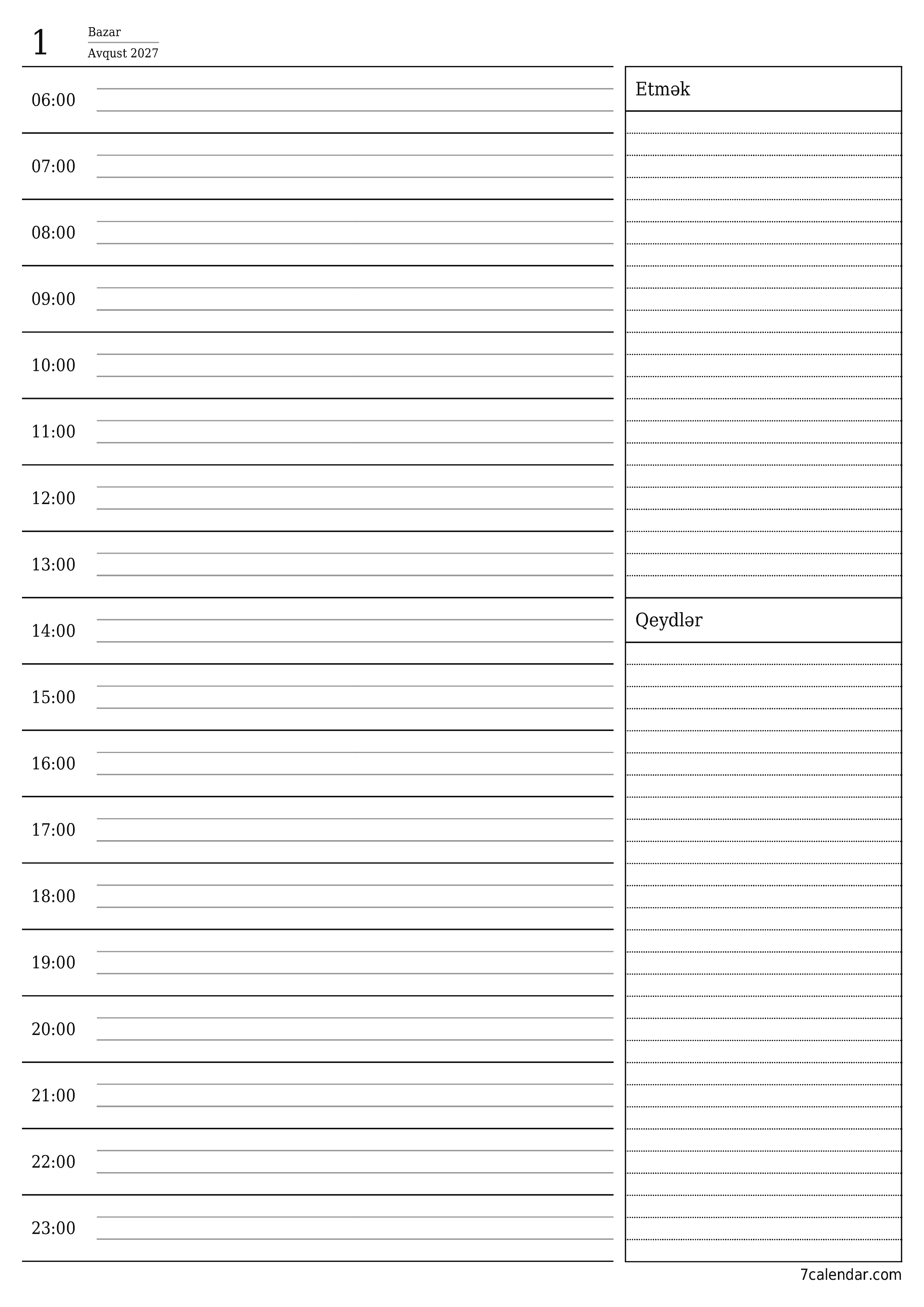 Avqust 2027 gün üçün gündəlik planlayıcınızı qeydlərlə boşaltın, qeyd edin və PDF-ə yazdırın PNG Azerbaijani