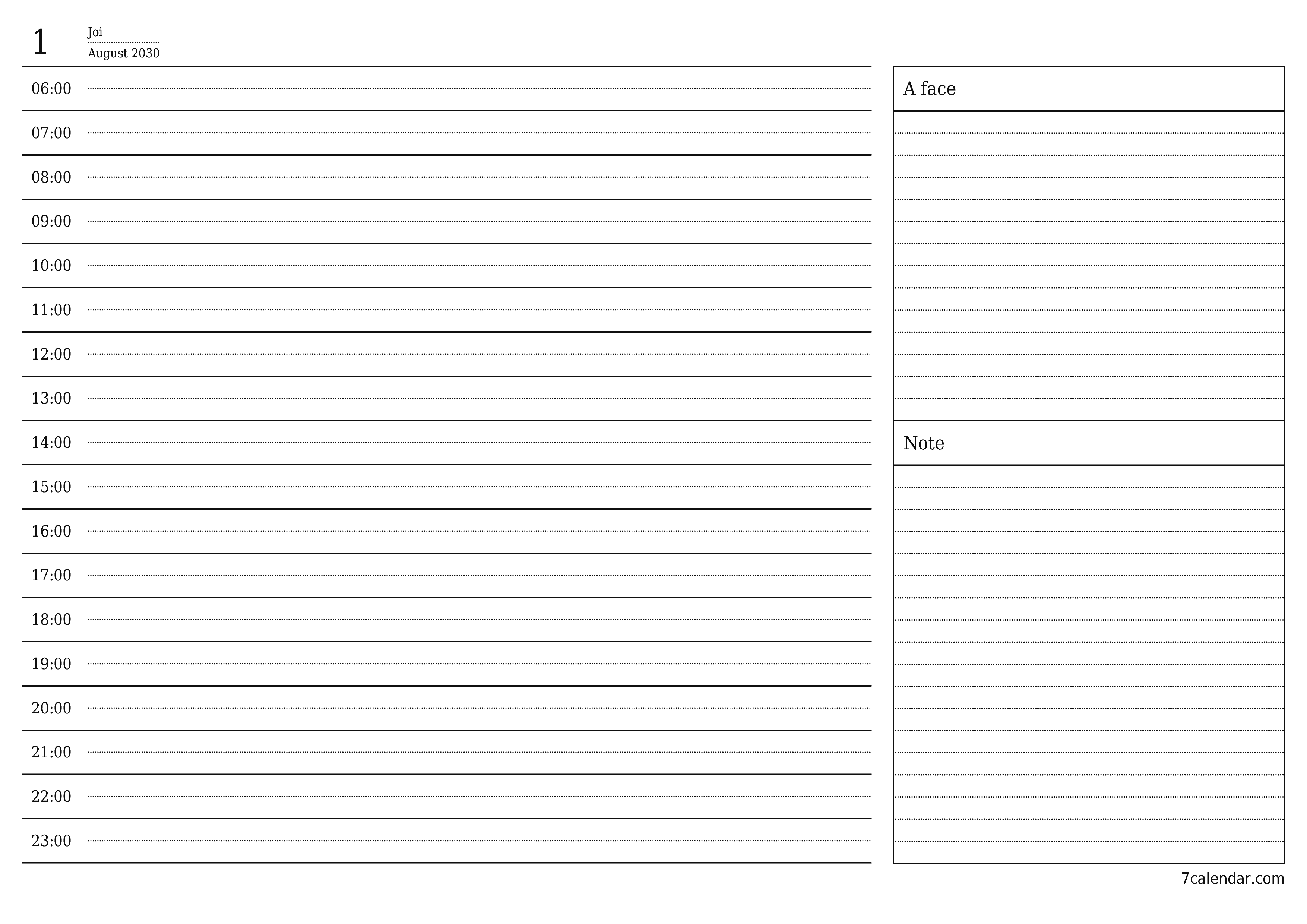 Goliți planificatorul zilnic pentru ziua August 2030 cu note, salvați și tipăriți în PDF PNG Romanian