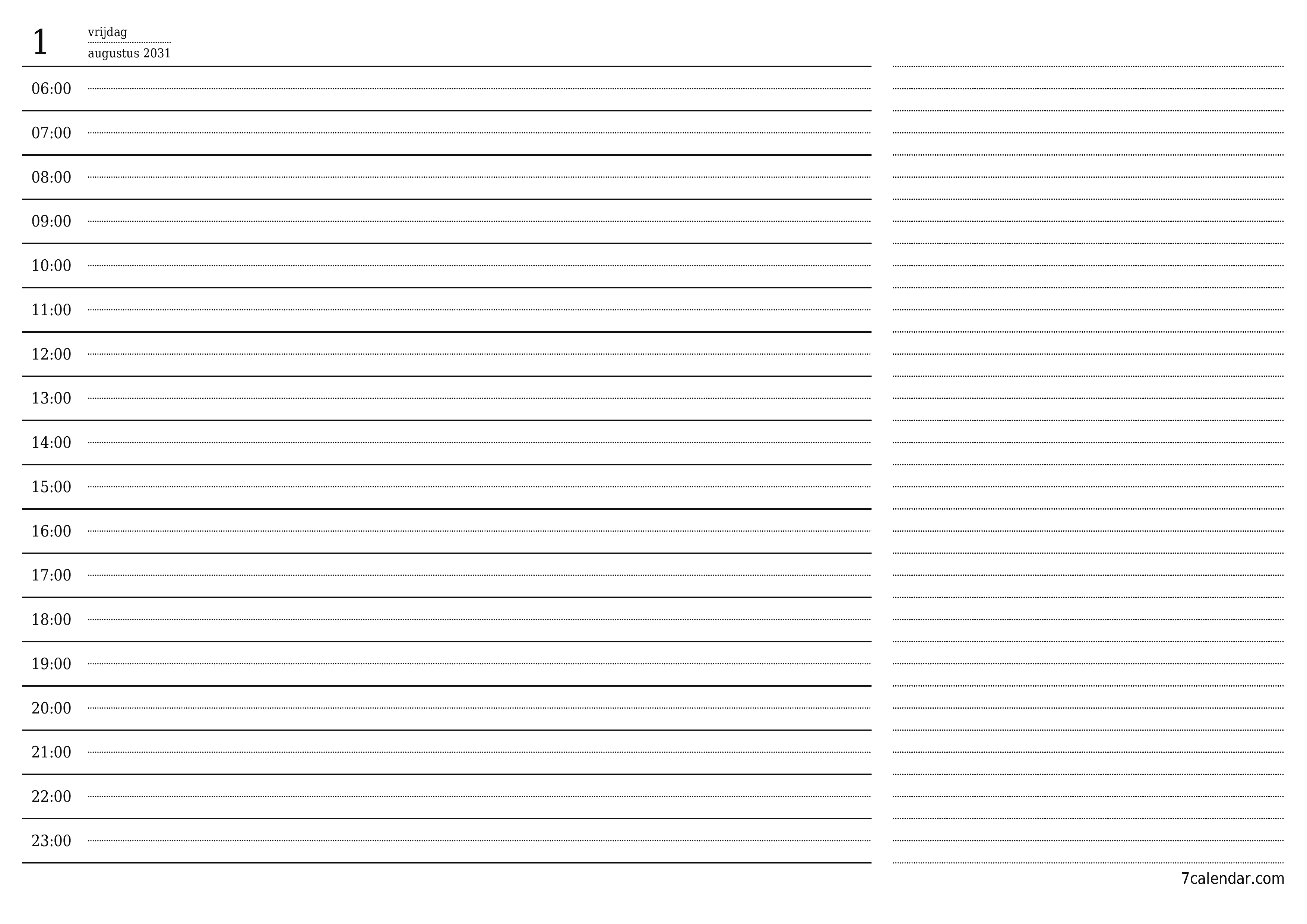 Lege dagelijkse planner voor dag augustus 2031 met notities, opslaan en afdrukken naar pdf PNG Dutch