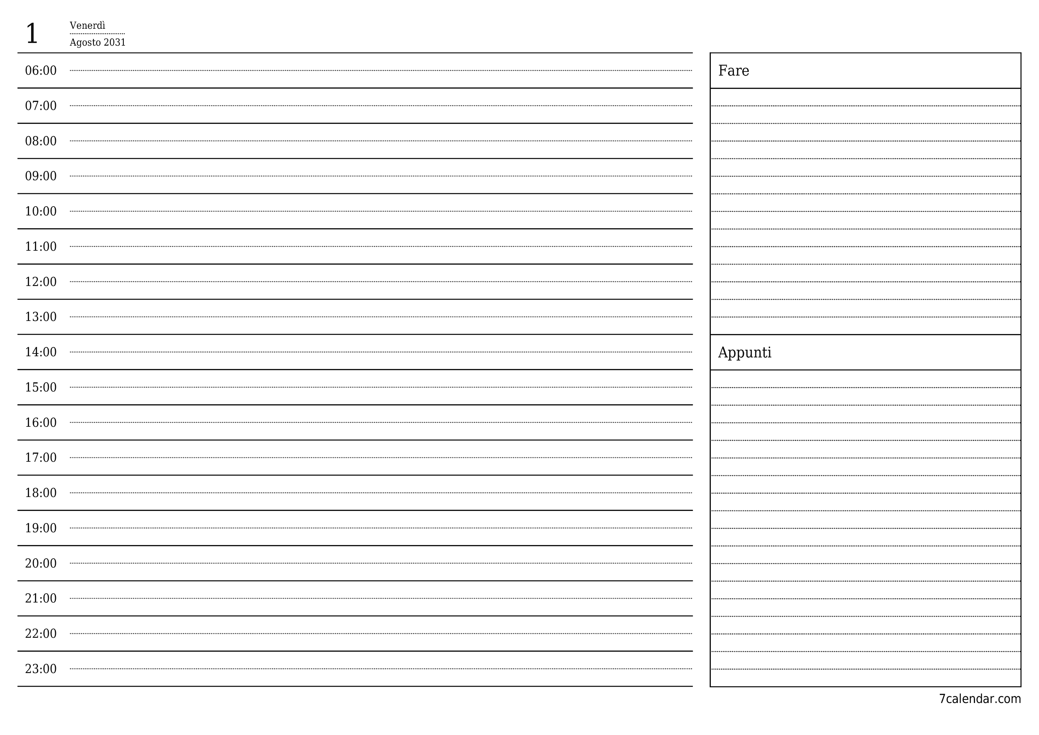 Agenda giornaliera vuota Agosto 2031 con note, salva e stampa in PDF PNG Italian