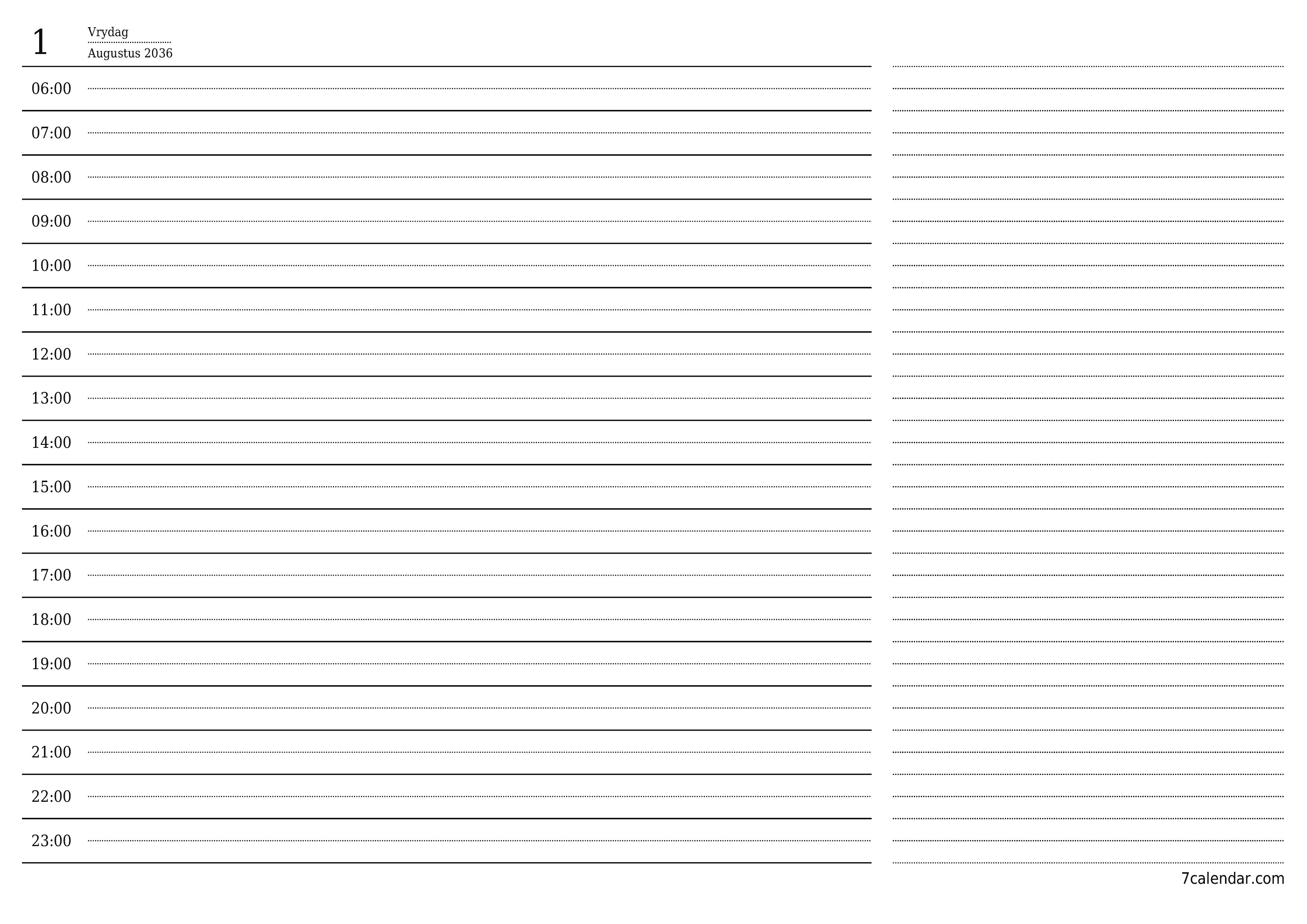 Leë daaglikse drukbare kalender en beplanner vir dag Augustus 2036 met notas, stoor en druk na PDF PNG Afrikaans