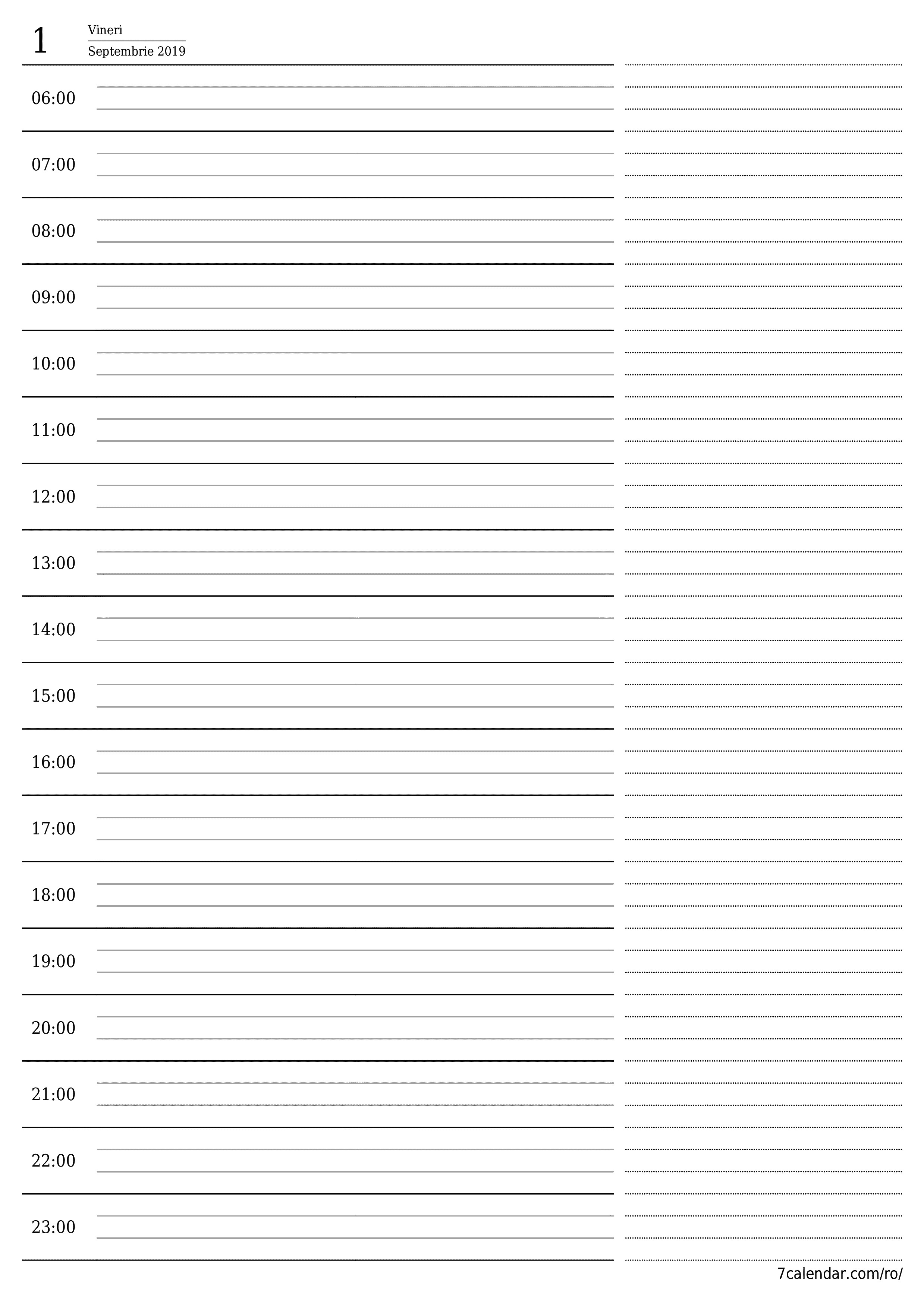 Goliți planificatorul zilnic pentru ziua Septembrie 2019 cu note, salvați și tipăriți în PDF PNG Romanian