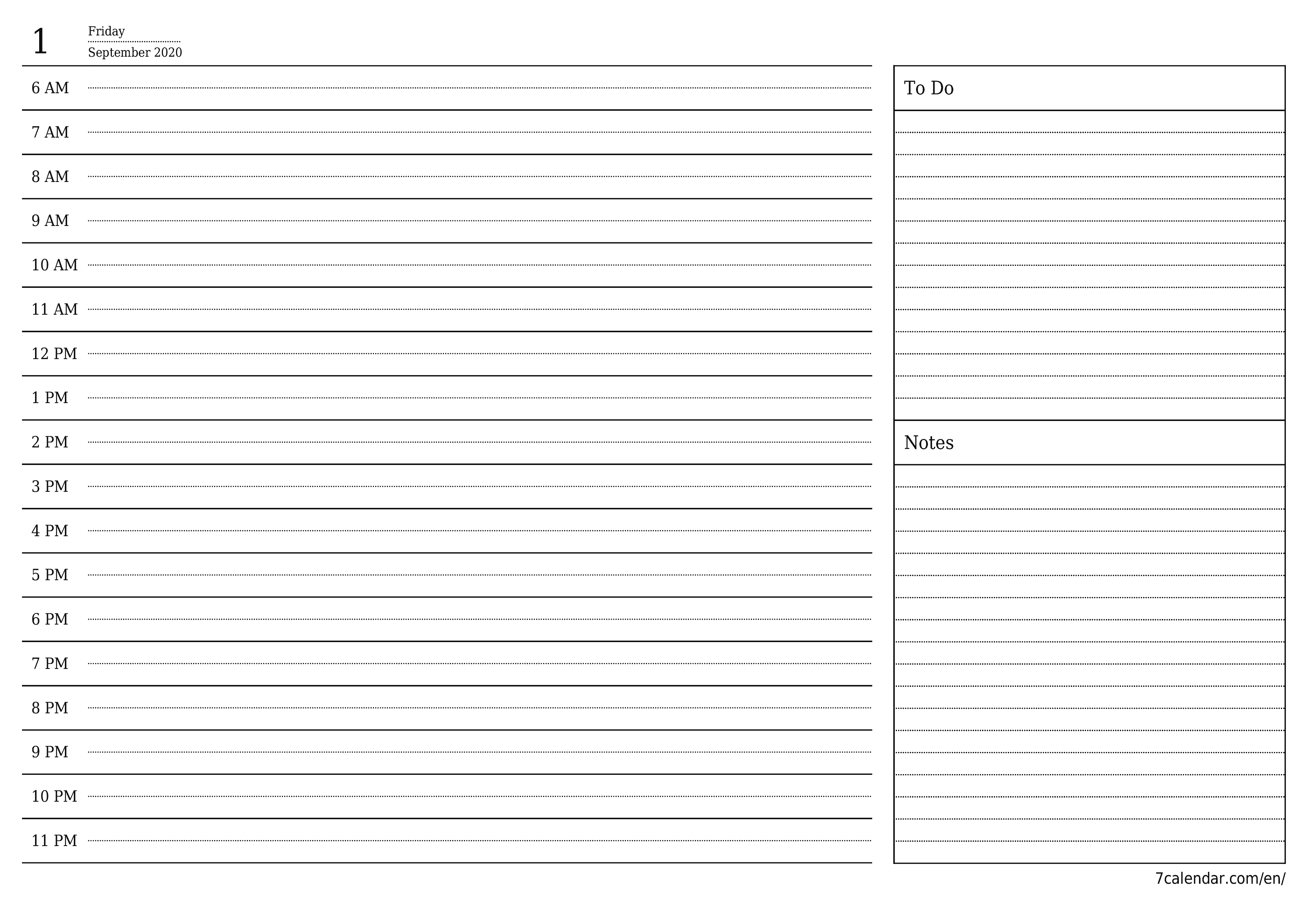 printable wall template free horizontal Daily planner calendar September (Sep) 2020