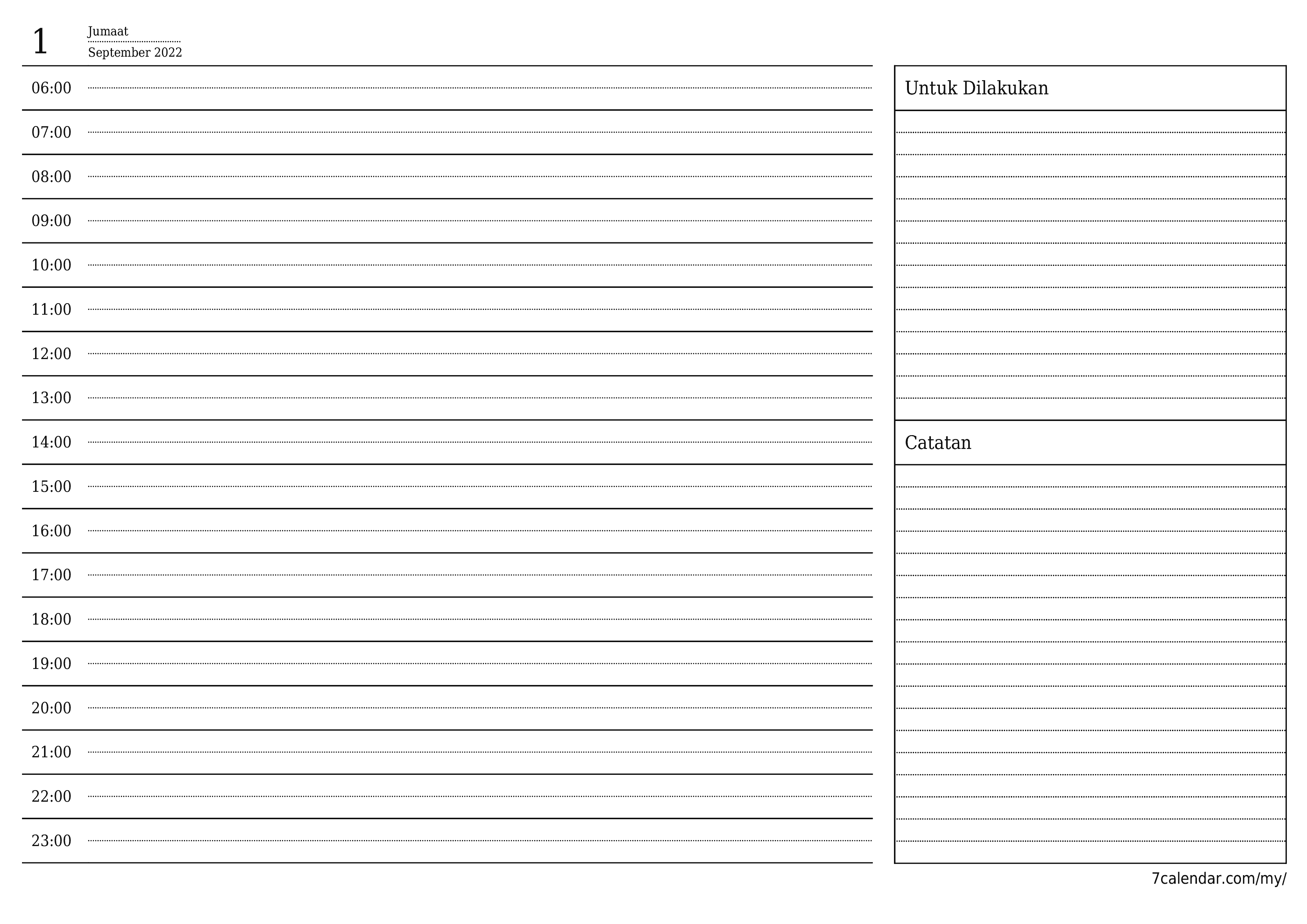 Perencana harian kosong untuk hari September 2022 dengan nota, simpan dan cetak ke PDF PNG Malay